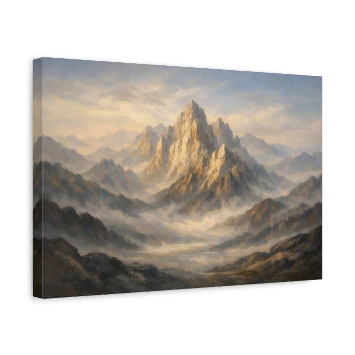 Side Mockup 4. Nature Mountains Golden Mountain Landscape shown as stretched canvas wall art