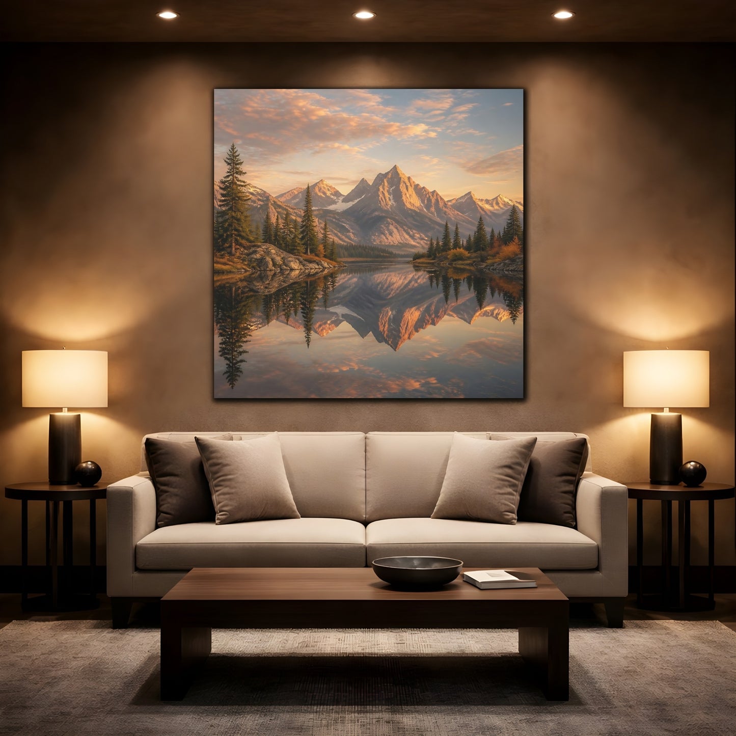 Mockup 2. Nature Mountains Golden Mountain Lake shown as stretched canvas wall art