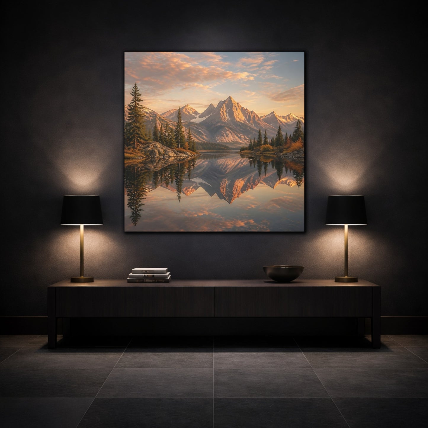 Mockup 3. Nature Mountains Golden Mountain Lake shown as stretched canvas wall art