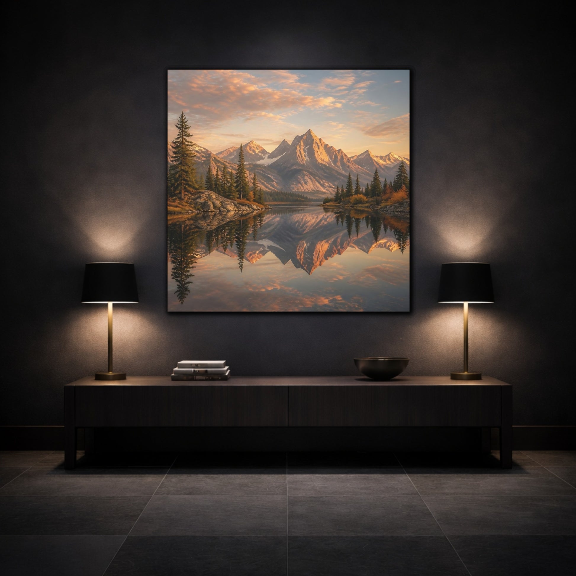 Mockup 3. Nature Mountains Golden Mountain Lake shown as stretched canvas wall art
