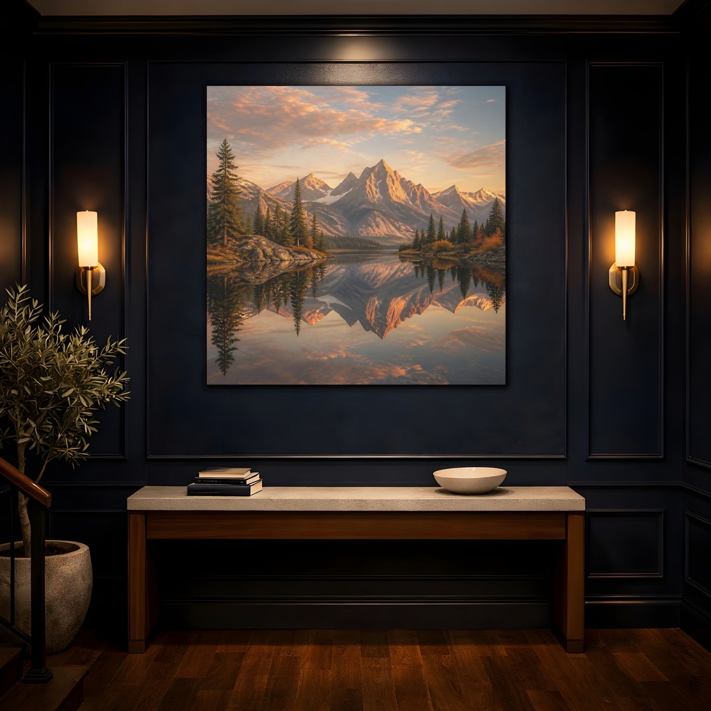 Mockup 4. Nature Mountains Golden Mountain Lake shown as stretched canvas wall art