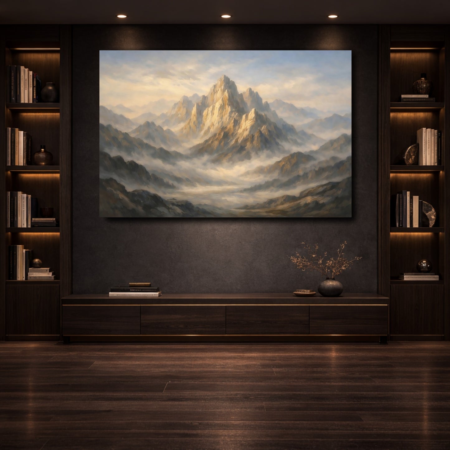 Mockup 3. Nature Mountains Golden Mountain Landscape shown as stretched canvas wall art