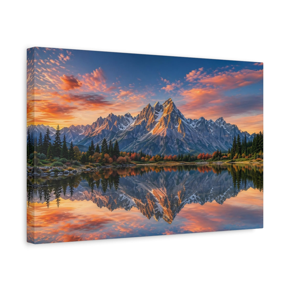 Side Mockup 4. Nature Mountains Mountain Lake Sunset shown as stretched canvas wall art