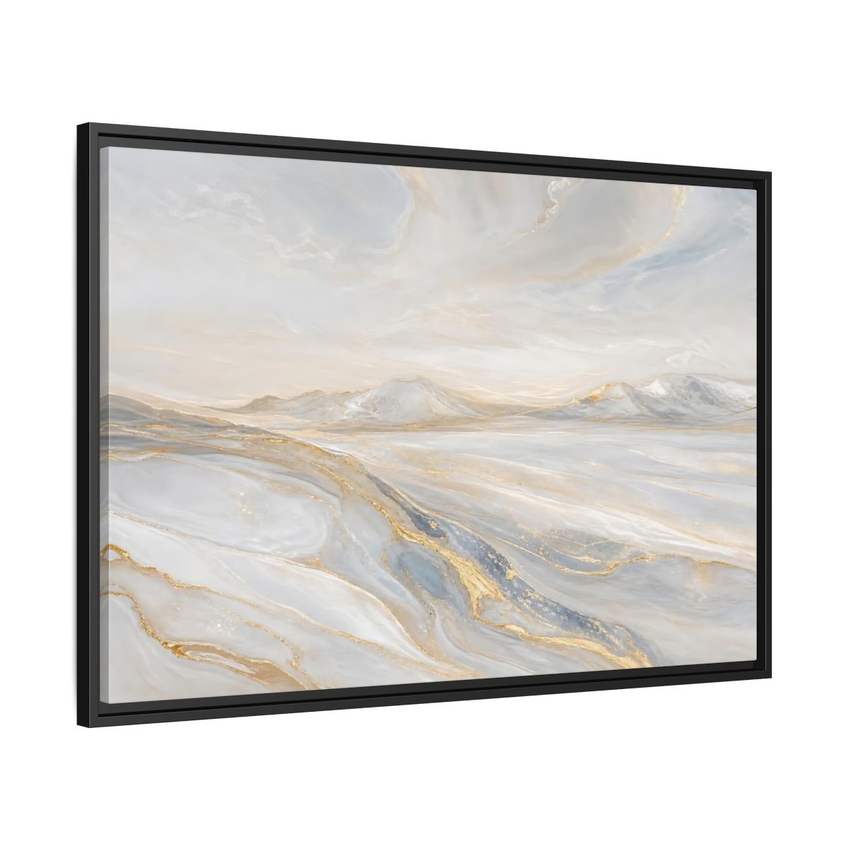 Nature Mountains Landscape White Gold Framed Canvas Print – Abstract Living Room, Above Couch - YesArtYes