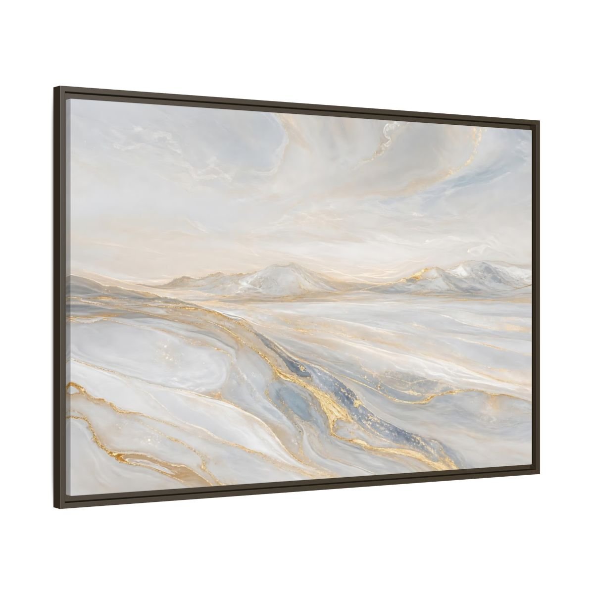 Nature Mountains Landscape White Gold Framed Canvas Print – Abstract Living Room, Above Couch - YesArtYes