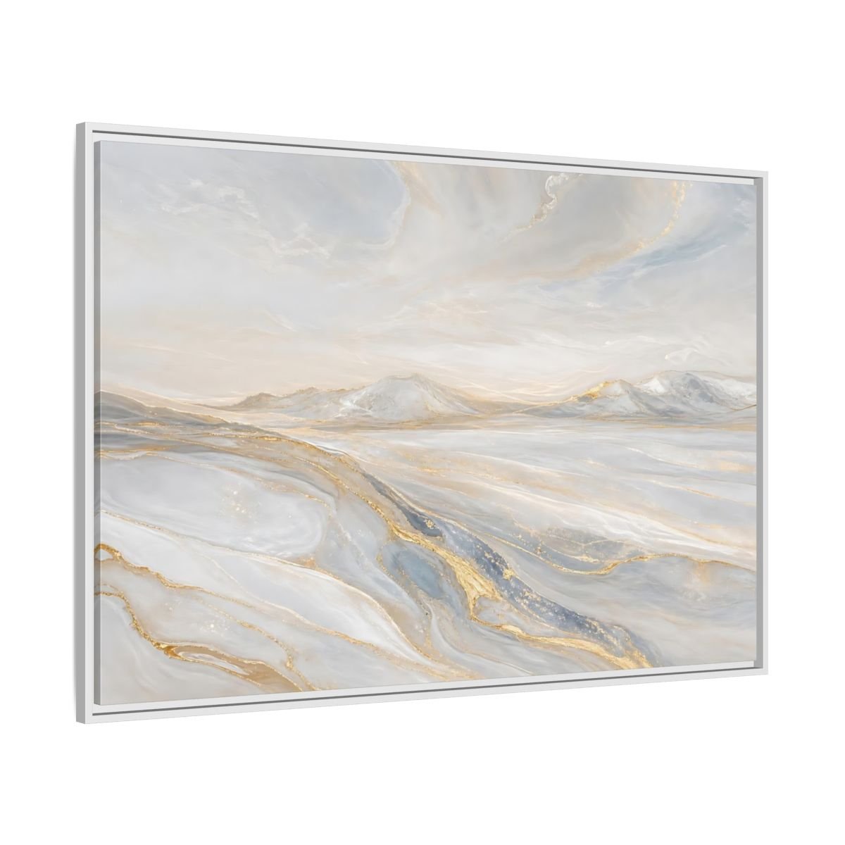 Nature Mountains Landscape White Gold Framed Canvas Print – Abstract Living Room, Above Couch - YesArtYes