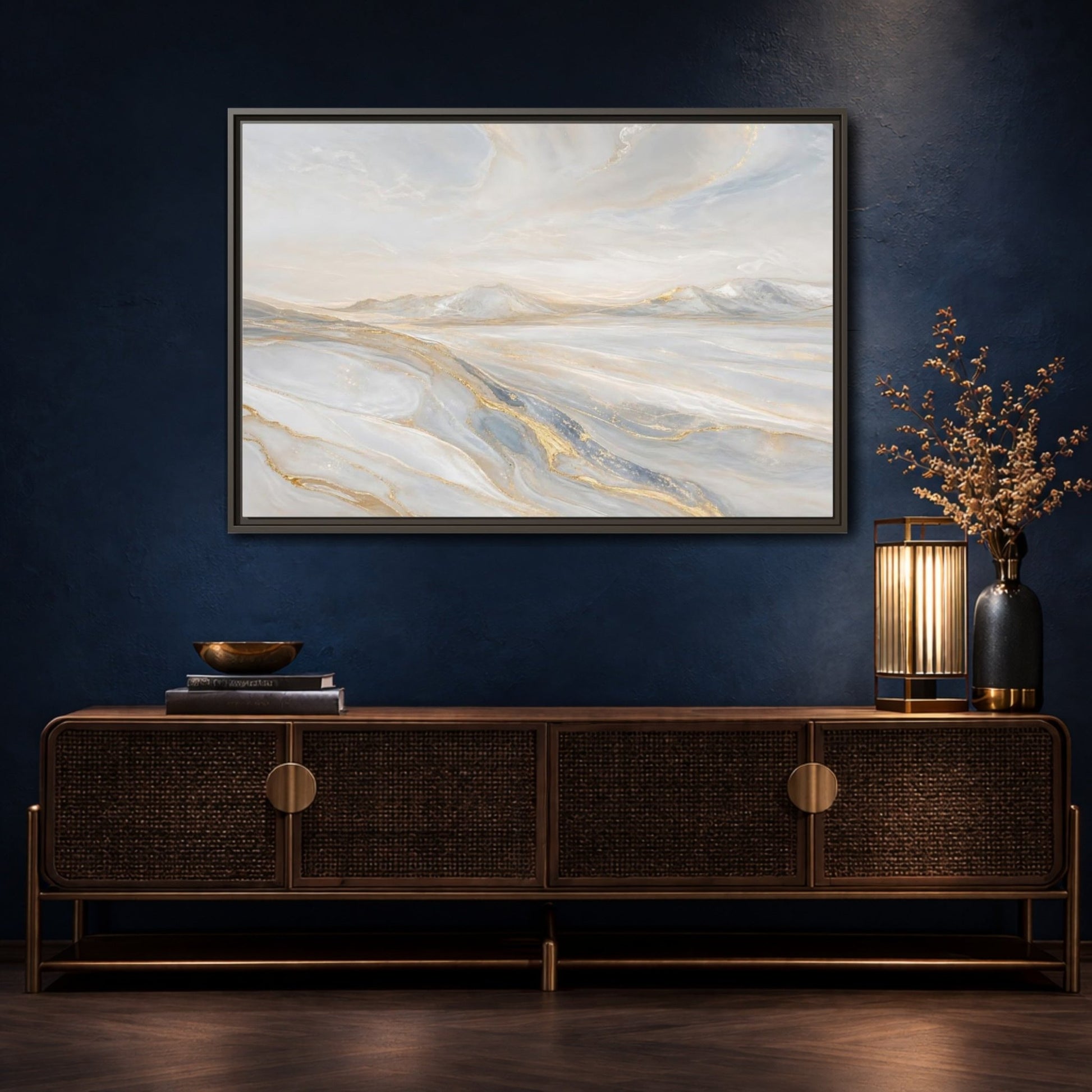 Nature Mountains Landscape White Gold Framed Canvas Print – Abstract Living Room, Above Couch - YesArtYes