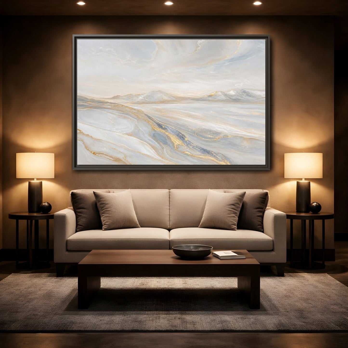 Nature Mountains Landscape White Gold Framed Canvas Print – Abstract Living Room, Above Couch - YesArtYes