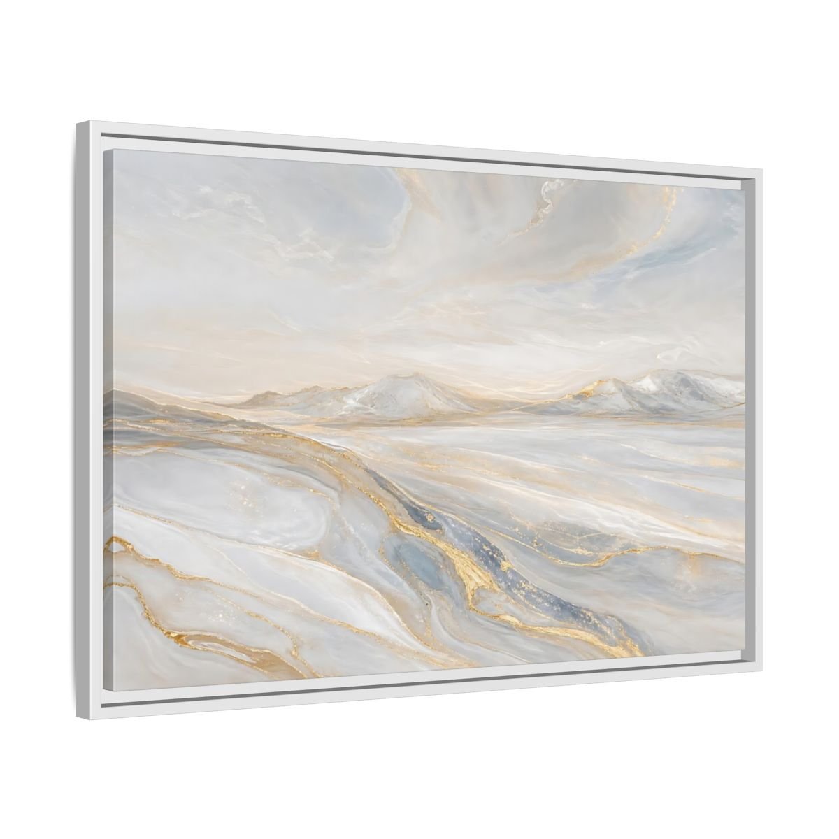 Nature Mountains Landscape White Gold Framed Canvas Print – Abstract Living Room, Above Couch - YesArtYes