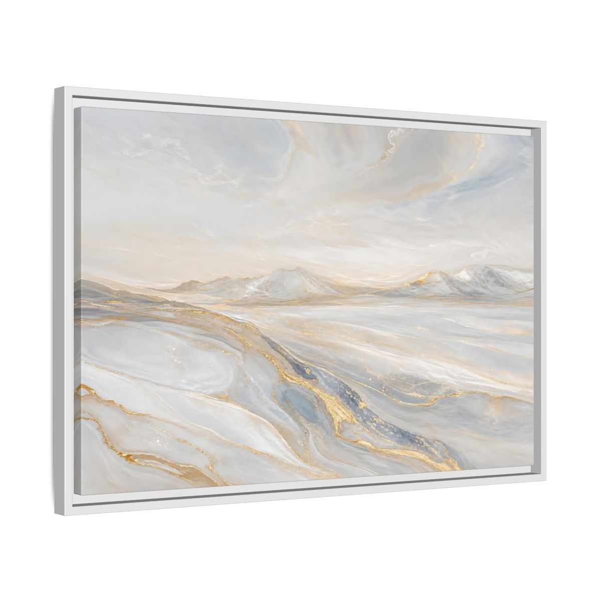 Side Mockup 10. Nature Mountains Landscape White Gold Landscape shown as framed canvas print