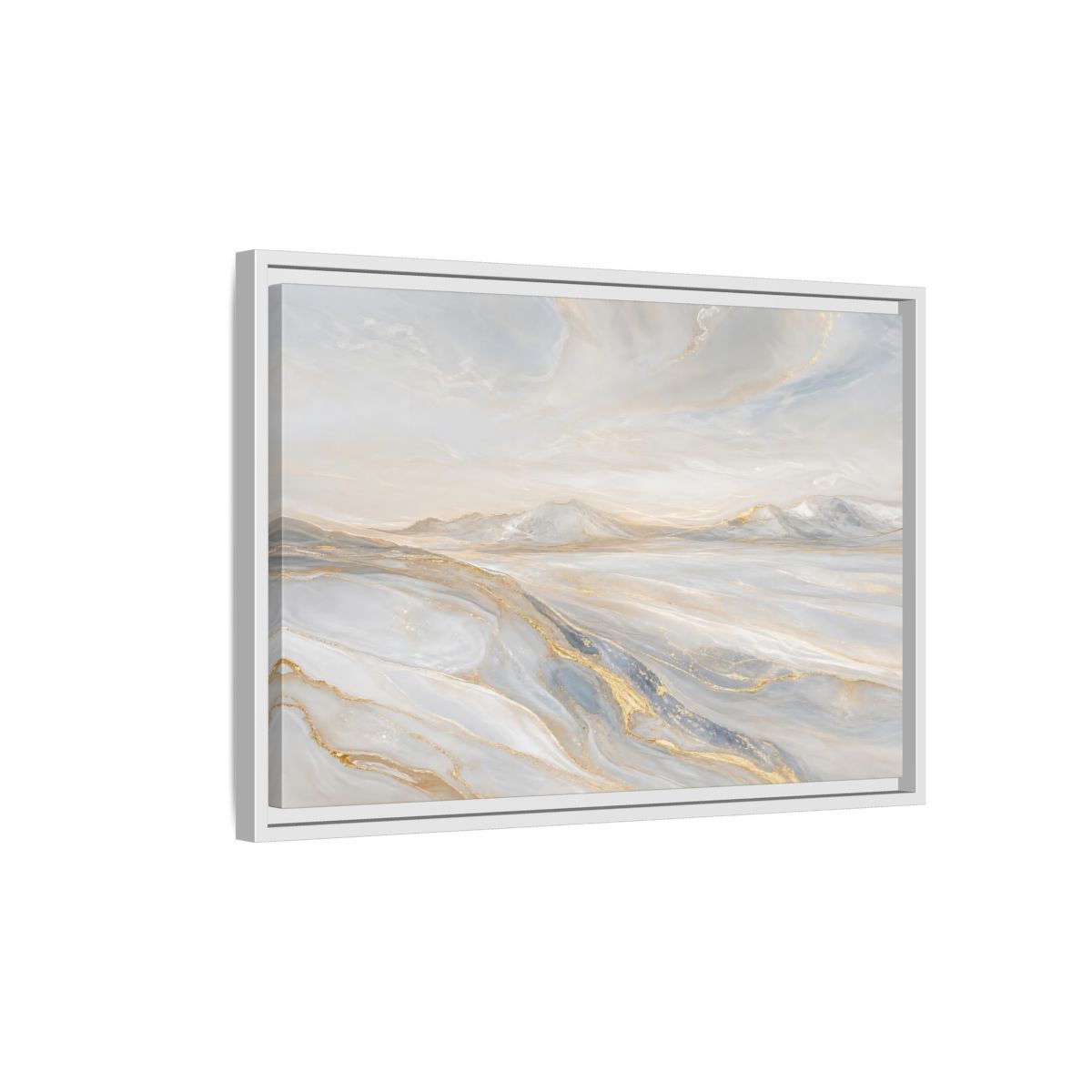 Side Mockup 1. Nature Mountains Landscape White Gold Landscape shown as framed canvas print