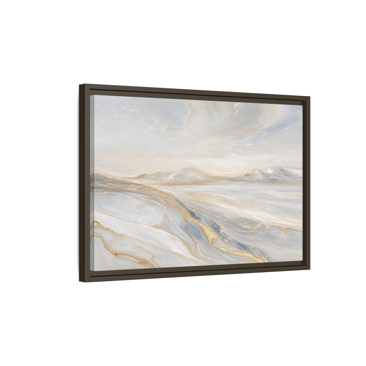 Side Mockup 2. Nature Mountains Landscape White Gold Landscape shown as framed canvas print