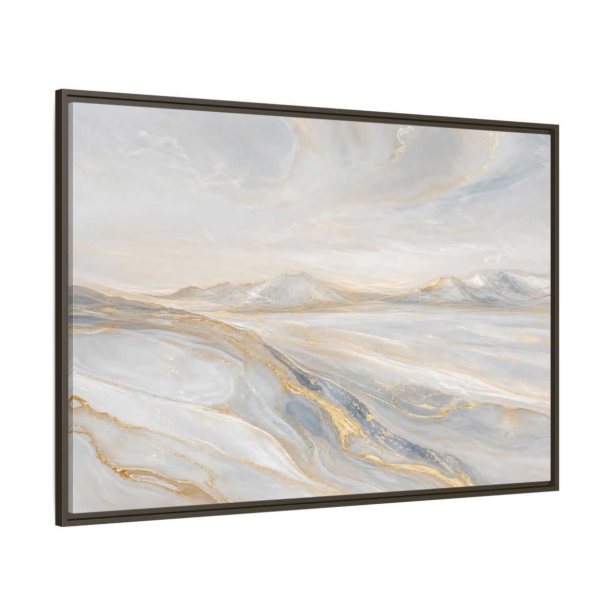 Side Mockup 8. Nature Mountains Landscape White Gold Landscape shown as framed canvas print