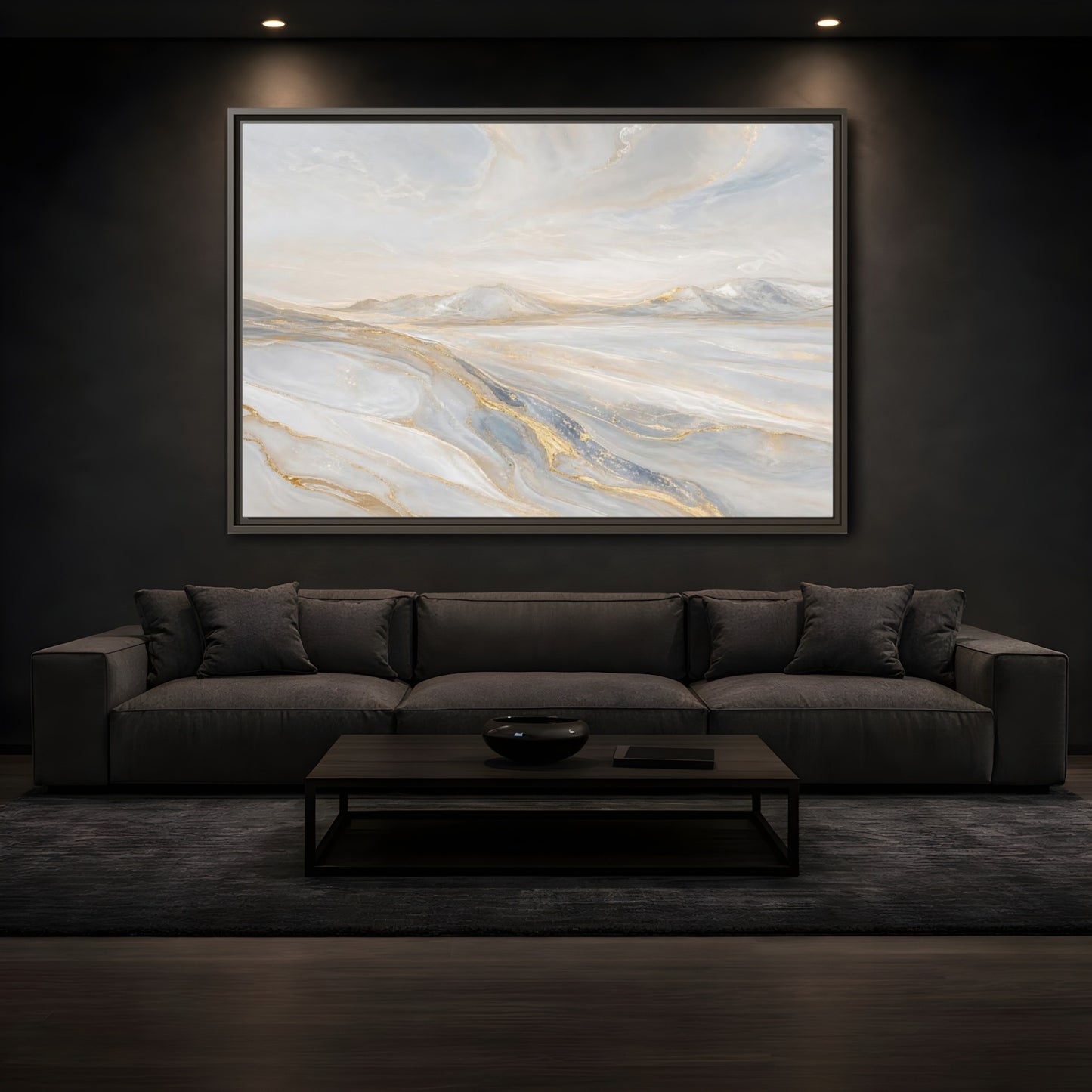 Mockup 3. Nature Mountains Landscape White Gold Landscape shown as framed canvas print