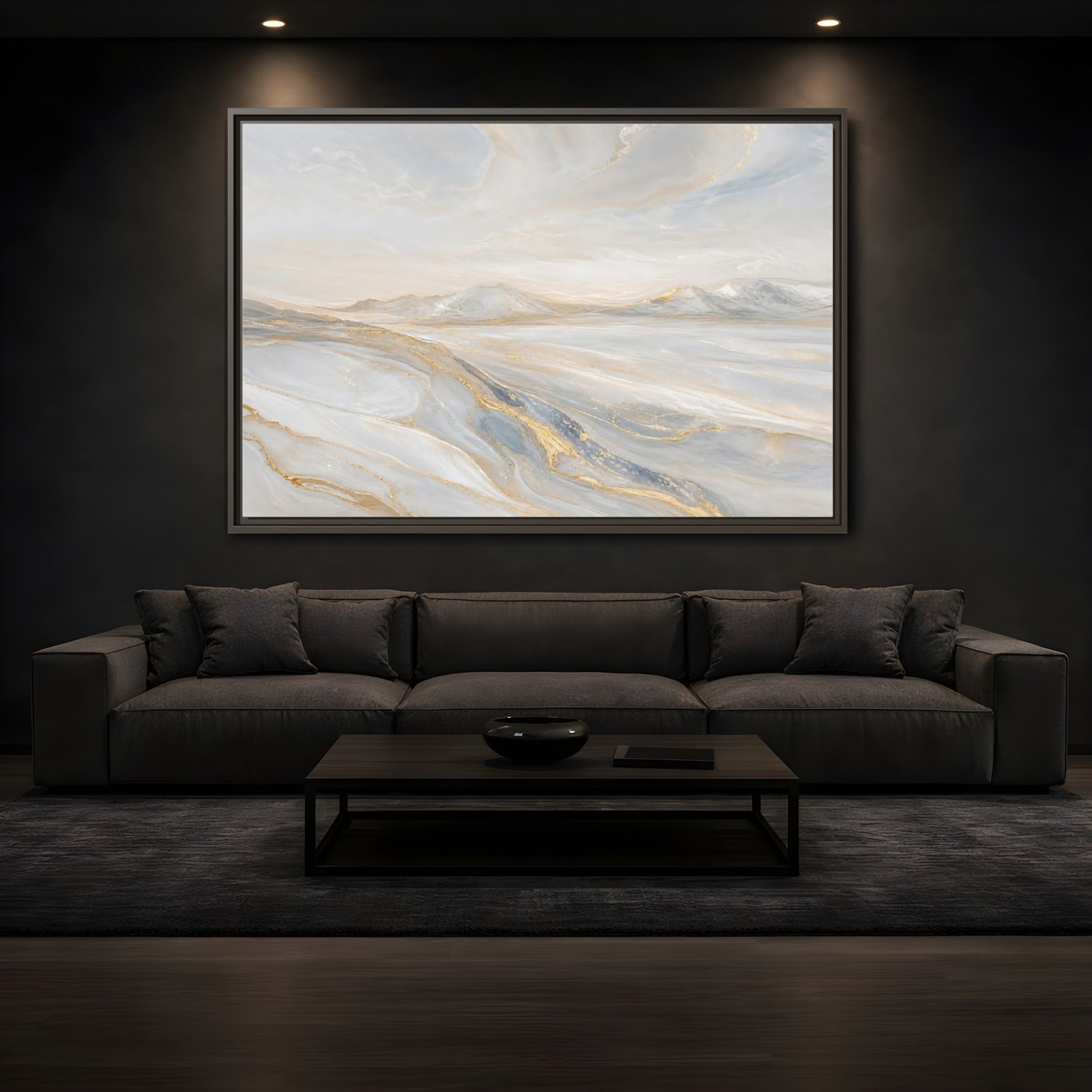 Mockup 3. Nature Mountains Landscape White Gold Landscape shown as framed canvas print