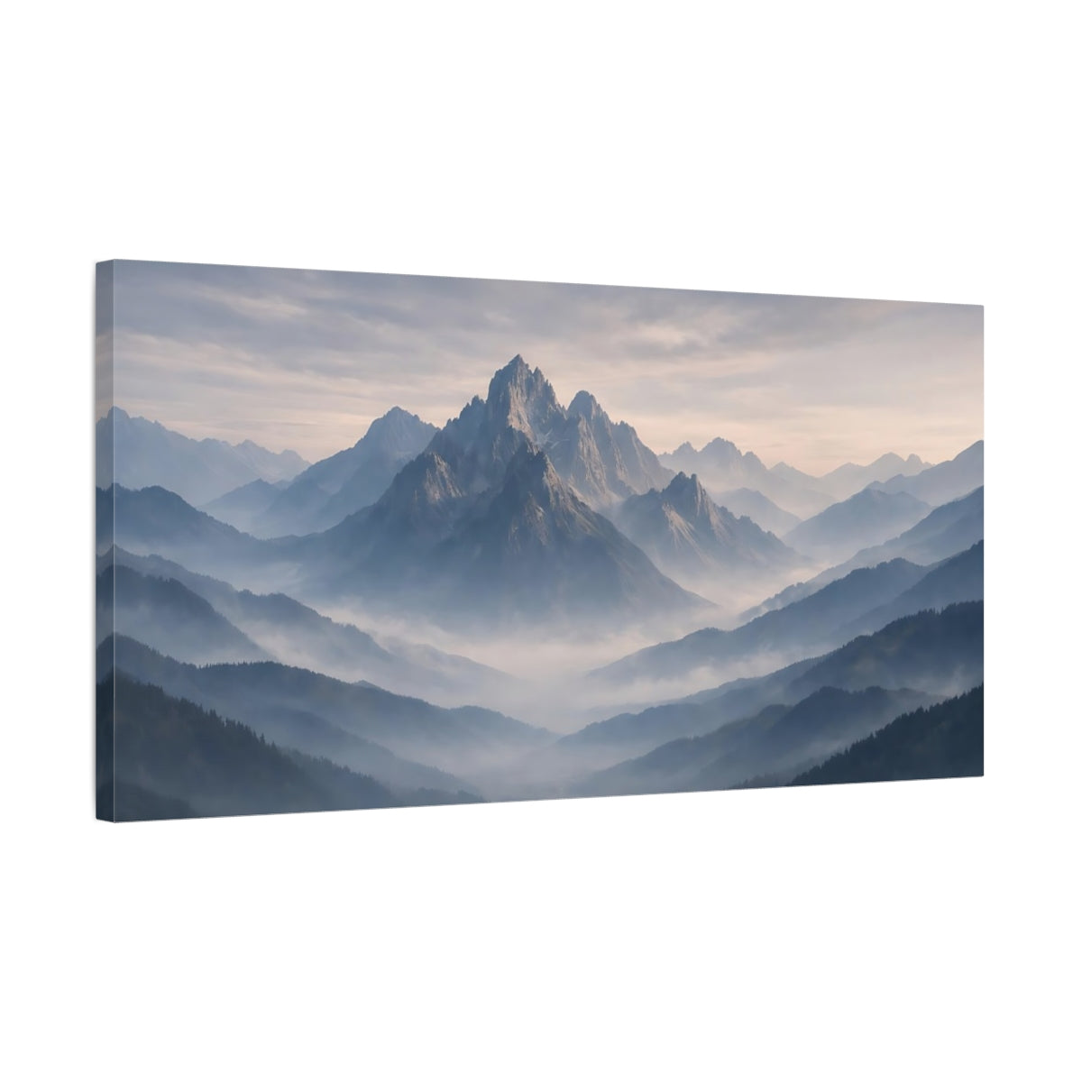 Side Mockup 2. Nature Mountains Misty Mountains Blue shown as stretched canvas wall art
