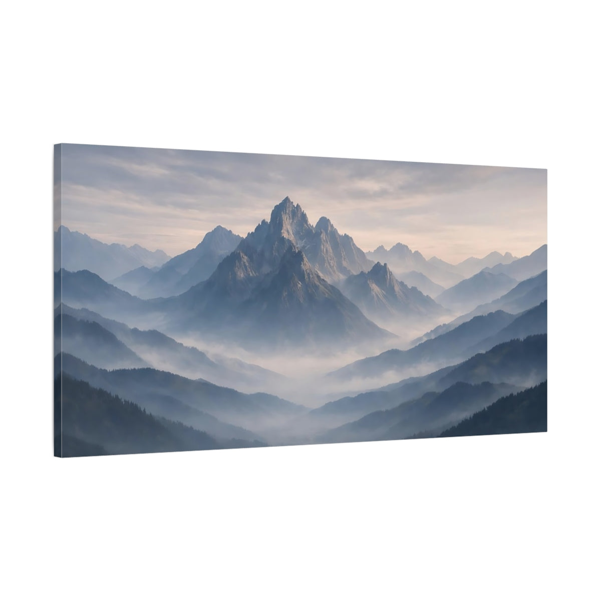 Side Mockup 1. Nature Mountains Misty Mountains Blue shown as stretched canvas wall art