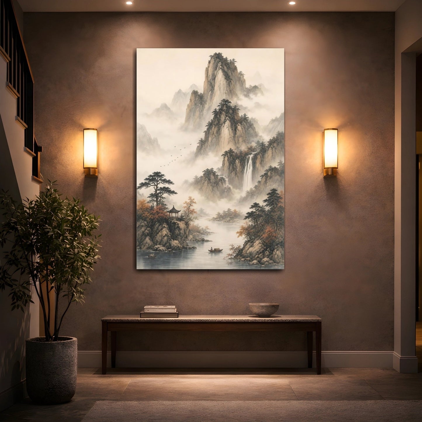 Nature Mountains Misty Landscape Canvas Print – Asian Art Decor for Living Room, Above Console Table - YesArtYes