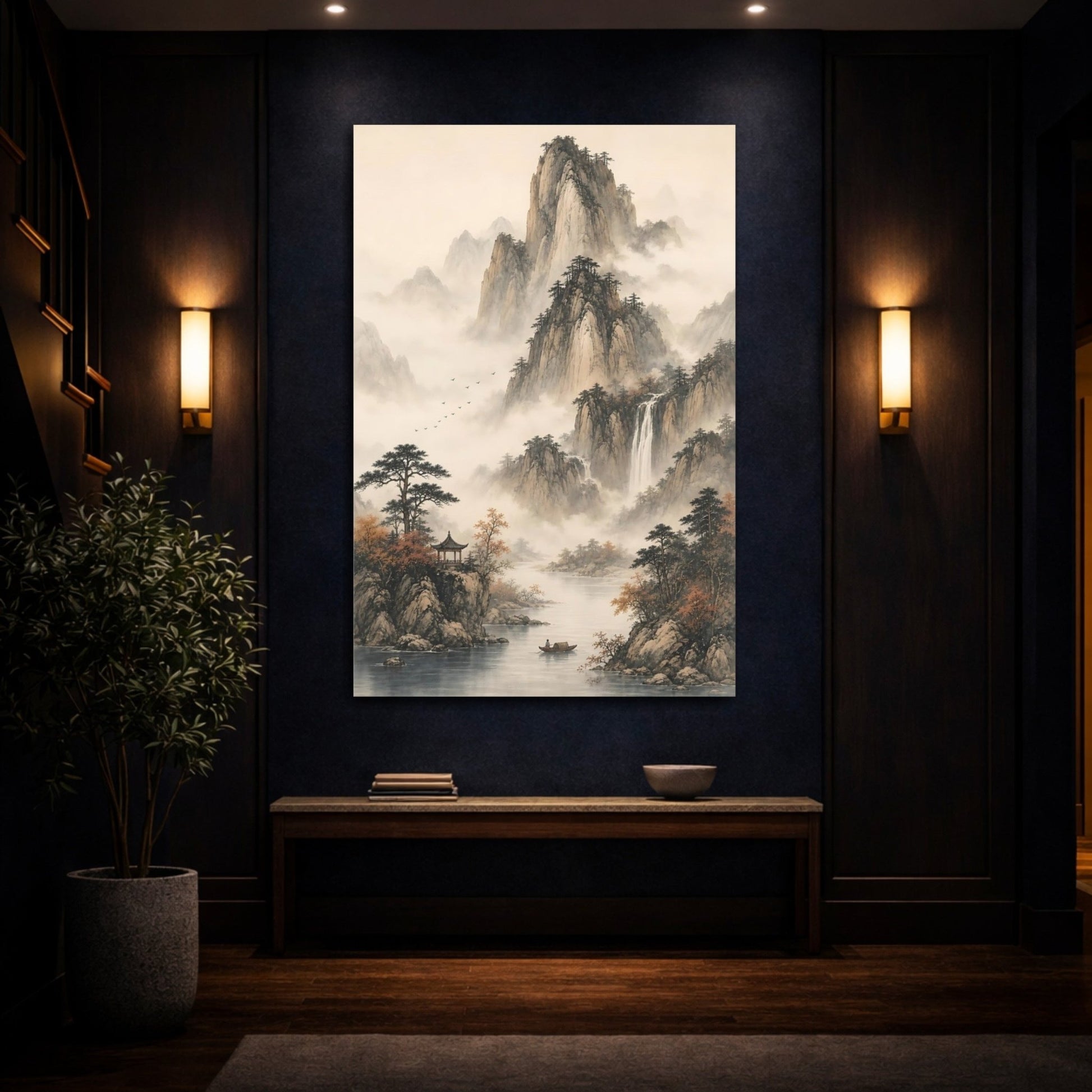 Nature Mountains Misty Landscape Canvas Print – Asian Art Decor for Living Room, Above Console Table - YesArtYes