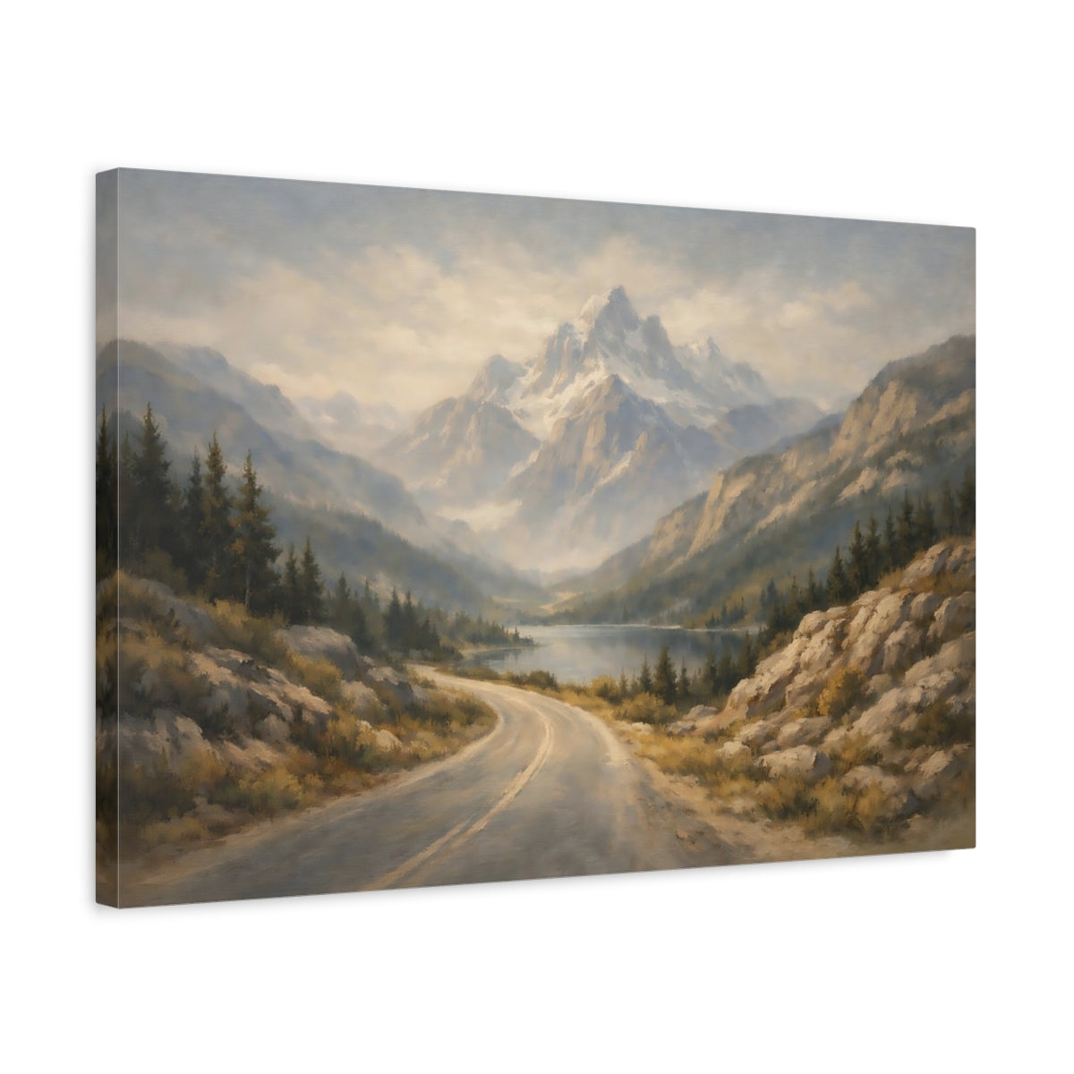 Side Mockup 3. Nature Mountains Misty Mountain Landscape shown as stretched canvas wall art