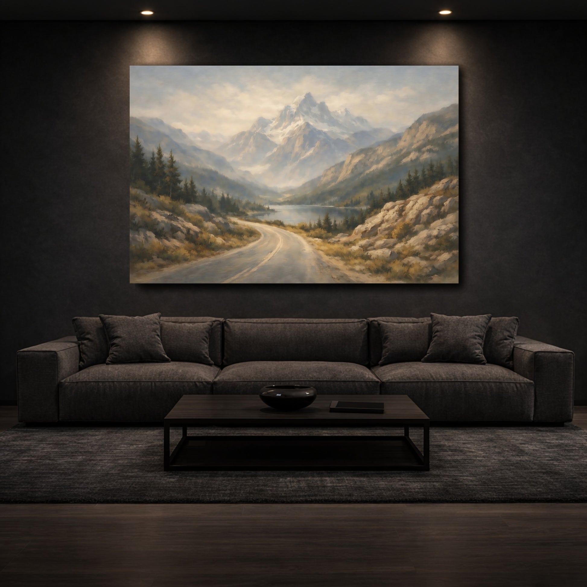 Mockup 2. Nature Mountains Misty Mountain Landscape shown as stretched canvas wall art