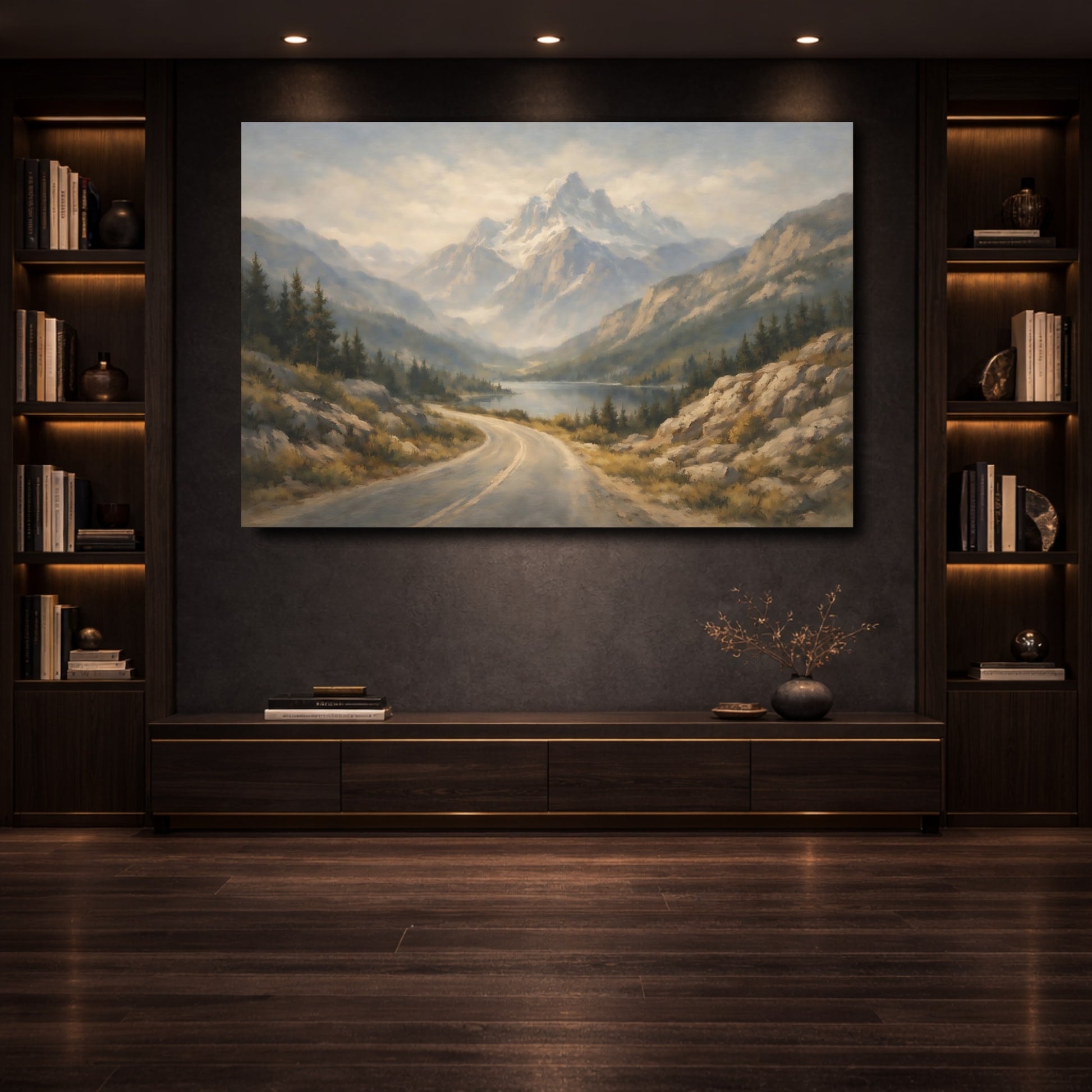 Mockup 3. Nature Mountains Misty Mountain Landscape shown as stretched canvas wall art