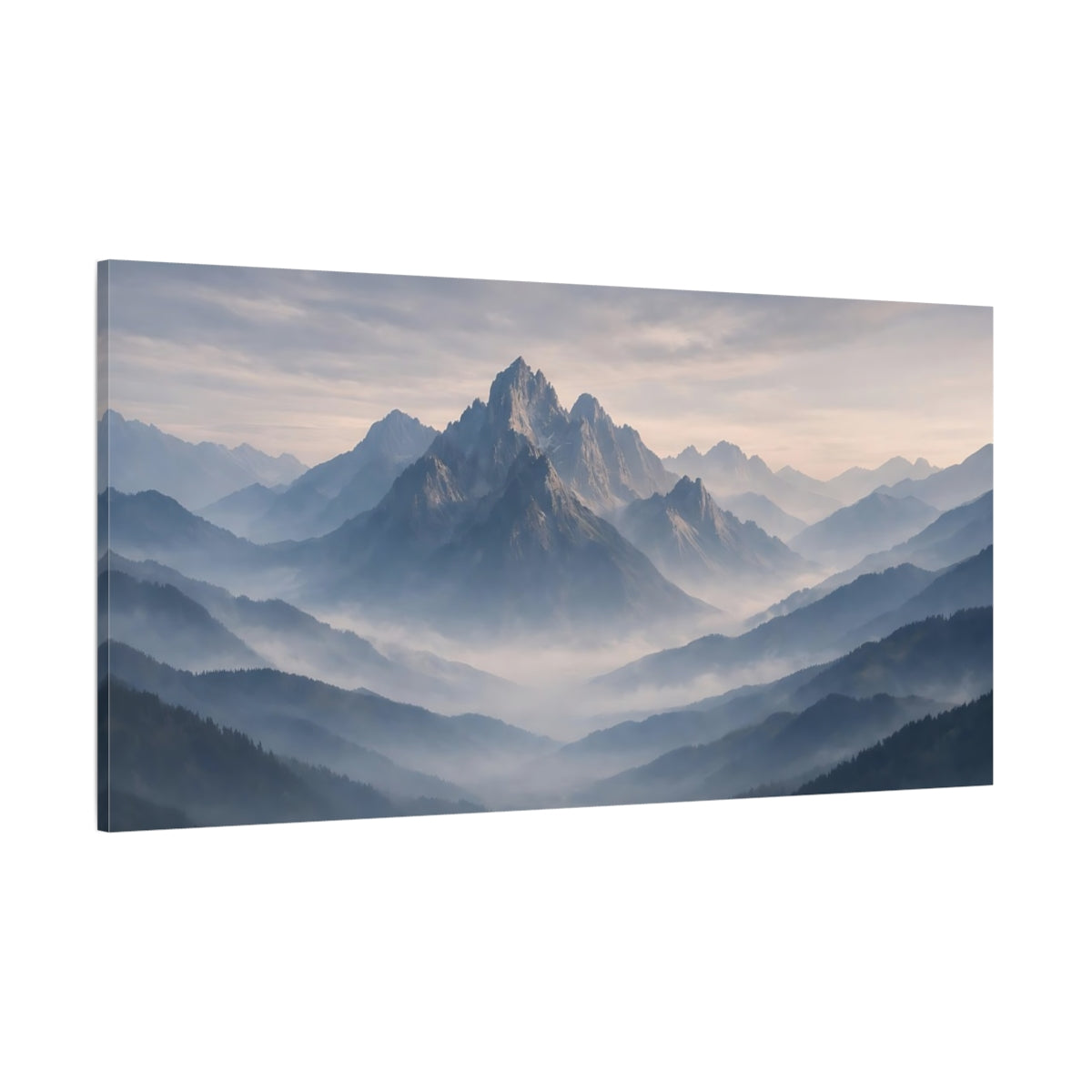 Main Mockup. Nature Mountains Misty Mountains Blue shown as stretched canvas wall art