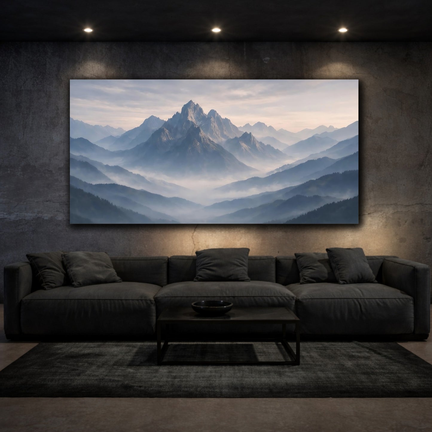 Mockup 2. Nature Mountains Misty Mountains Blue shown as stretched canvas wall art