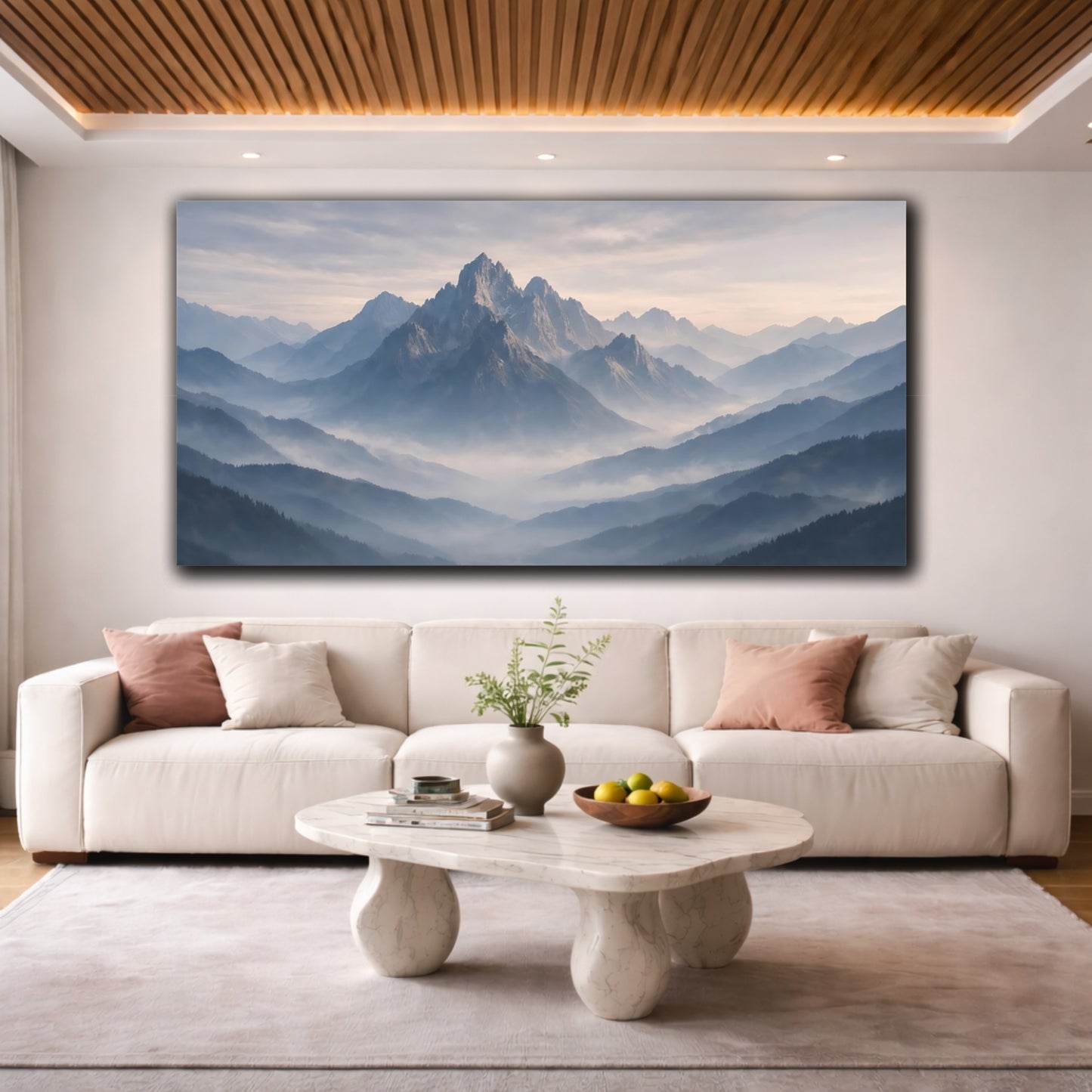 Mockup 3. Nature Mountains Misty Mountains Blue shown as stretched canvas wall art