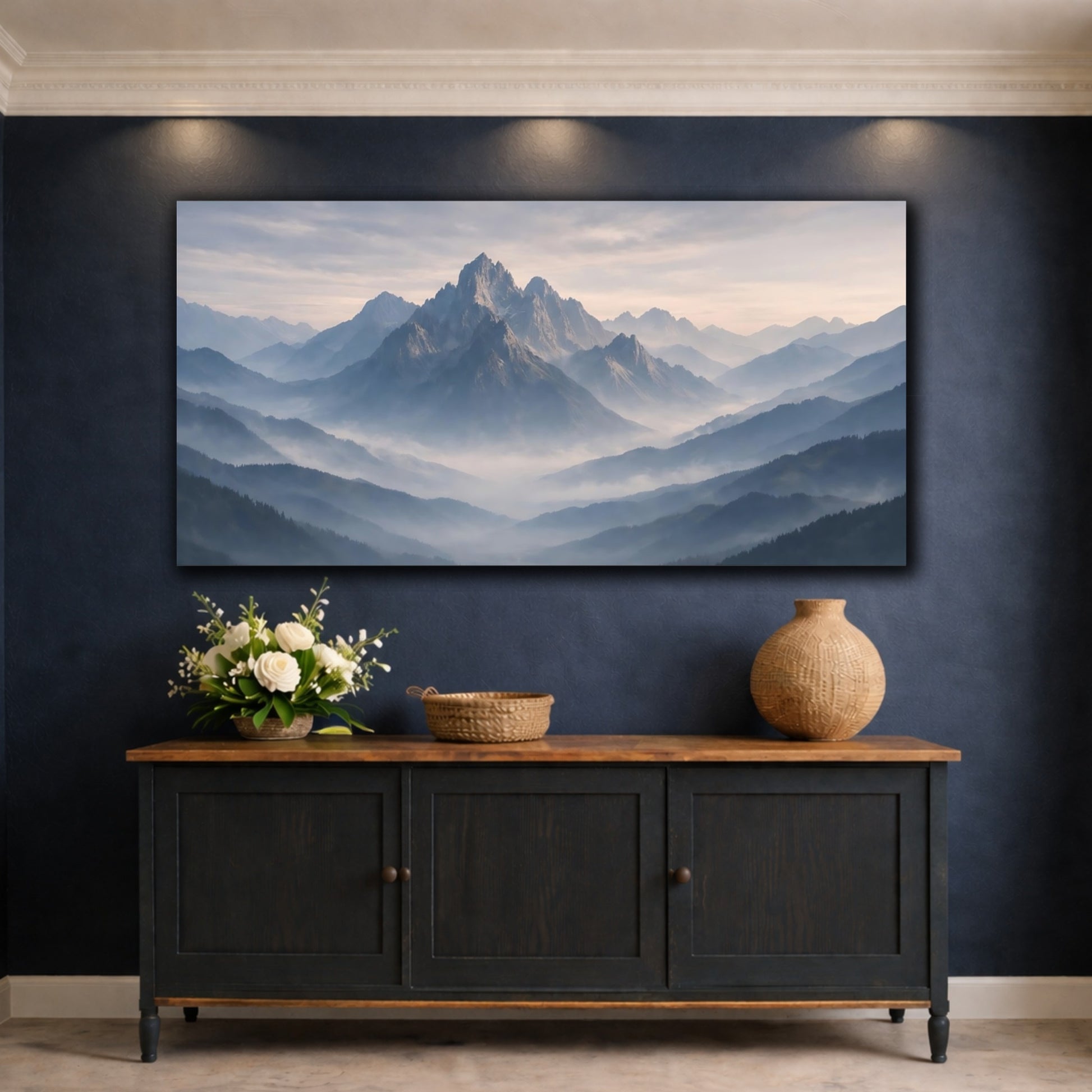 Mockup 4. Nature Mountains Misty Mountains Blue shown as stretched canvas wall art