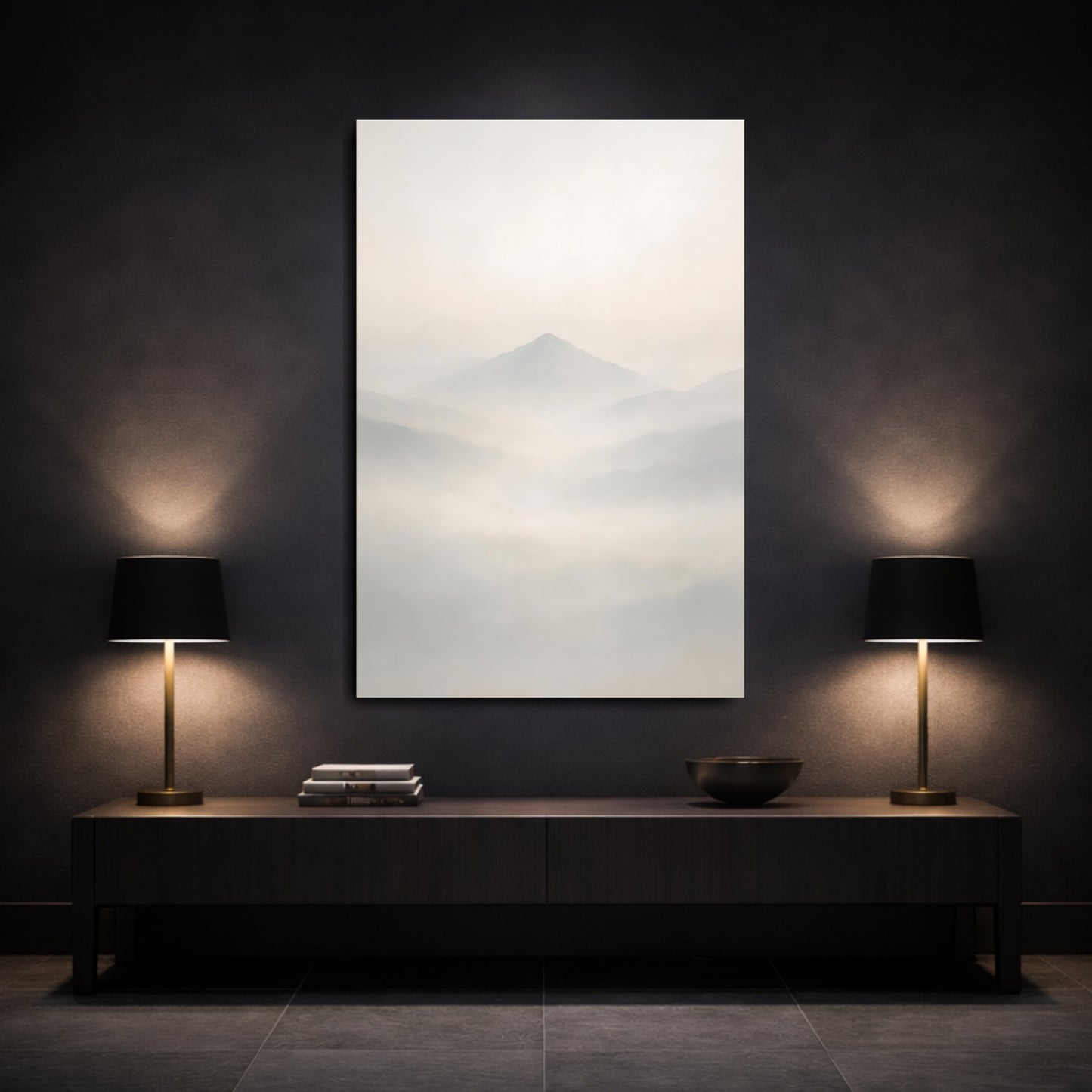 Mockup 2. Nature Mountains Misty Mountains shown as stretched canvas wall art