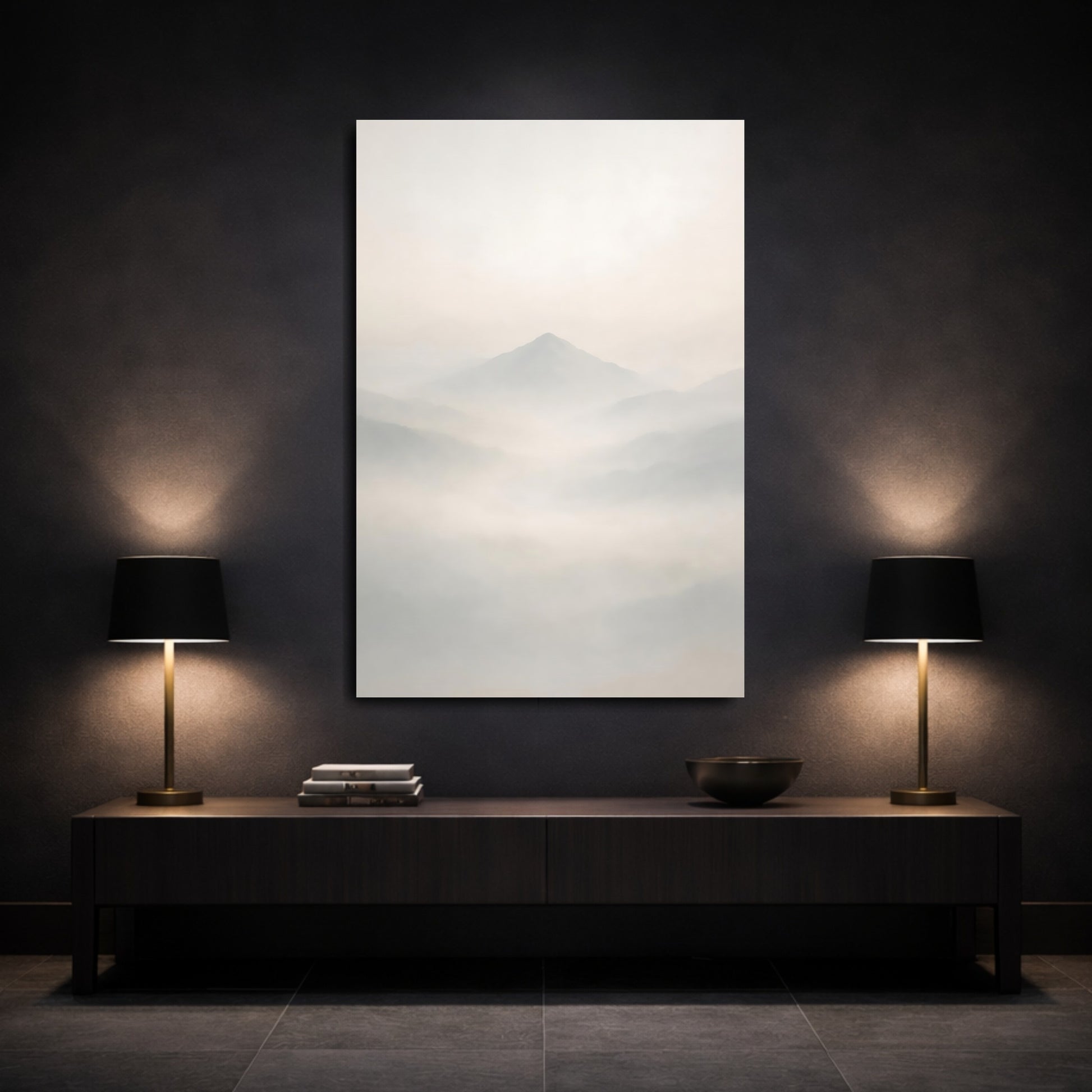 Mockup 2. Nature Mountains Misty Mountains shown as stretched canvas wall art