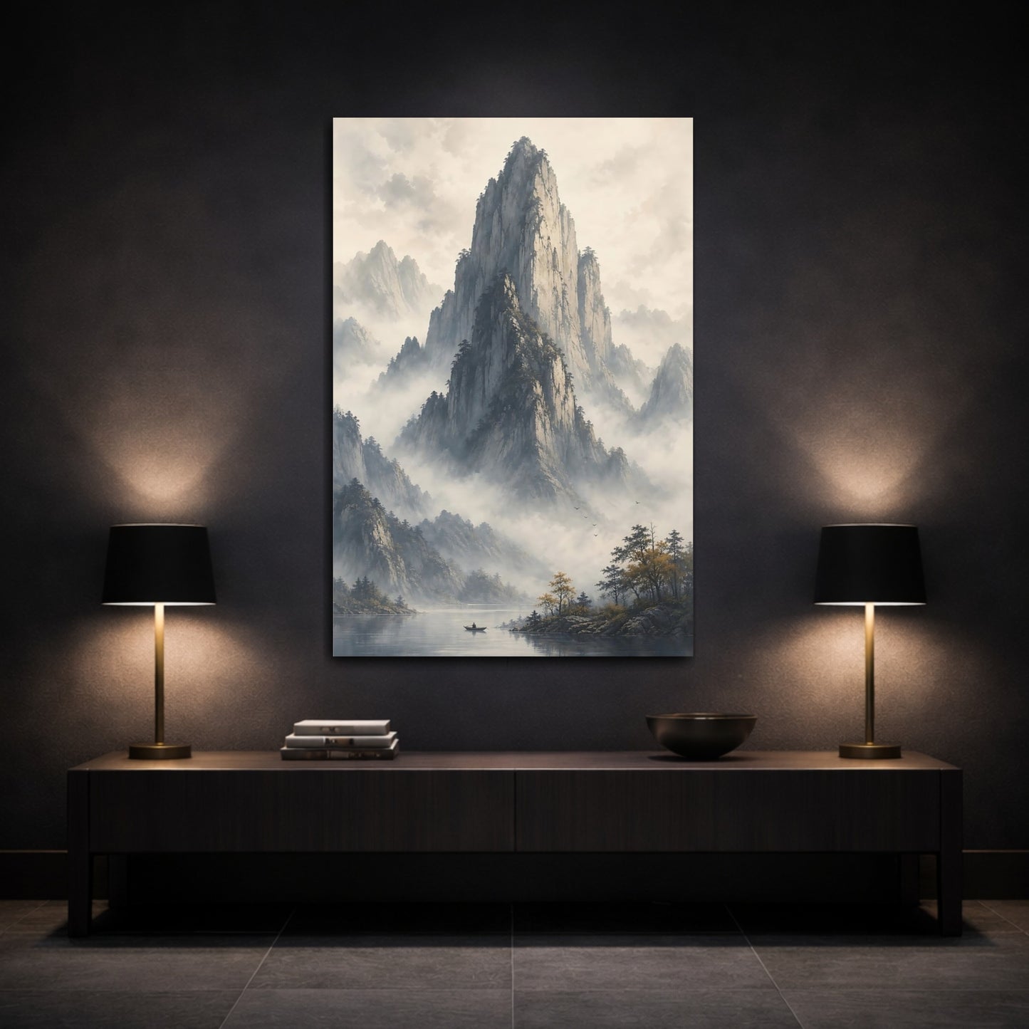 Mockup 3. Nature Mountains Misty Mountains shown as stretched canvas wall art