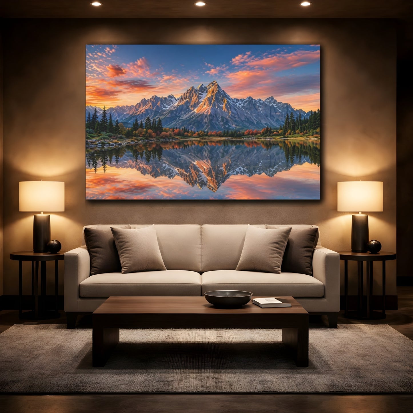 Mockup 2. Nature Mountains Mountain Lake Sunset shown as stretched canvas wall art
