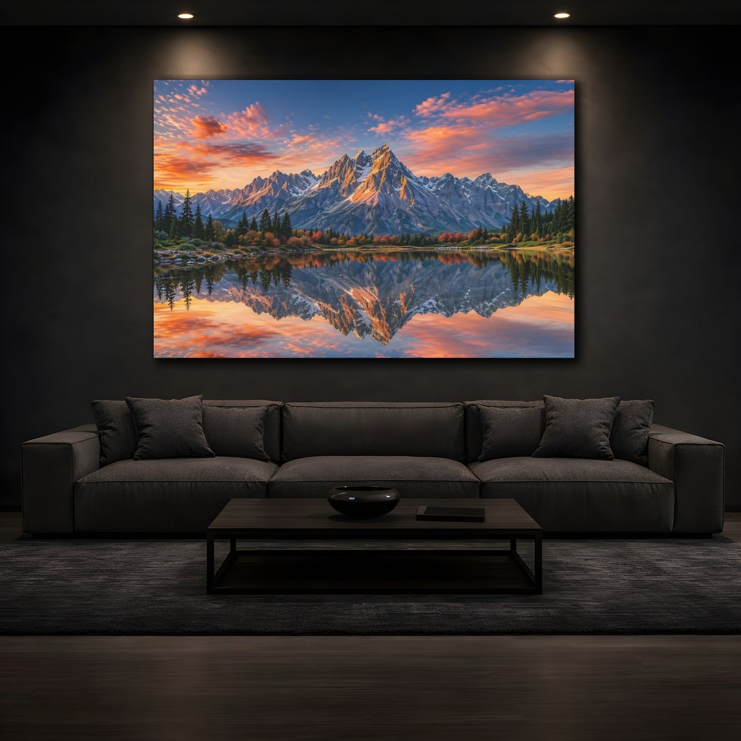 Mockup 3. Nature Mountains Mountain Lake Sunset shown as stretched canvas wall art