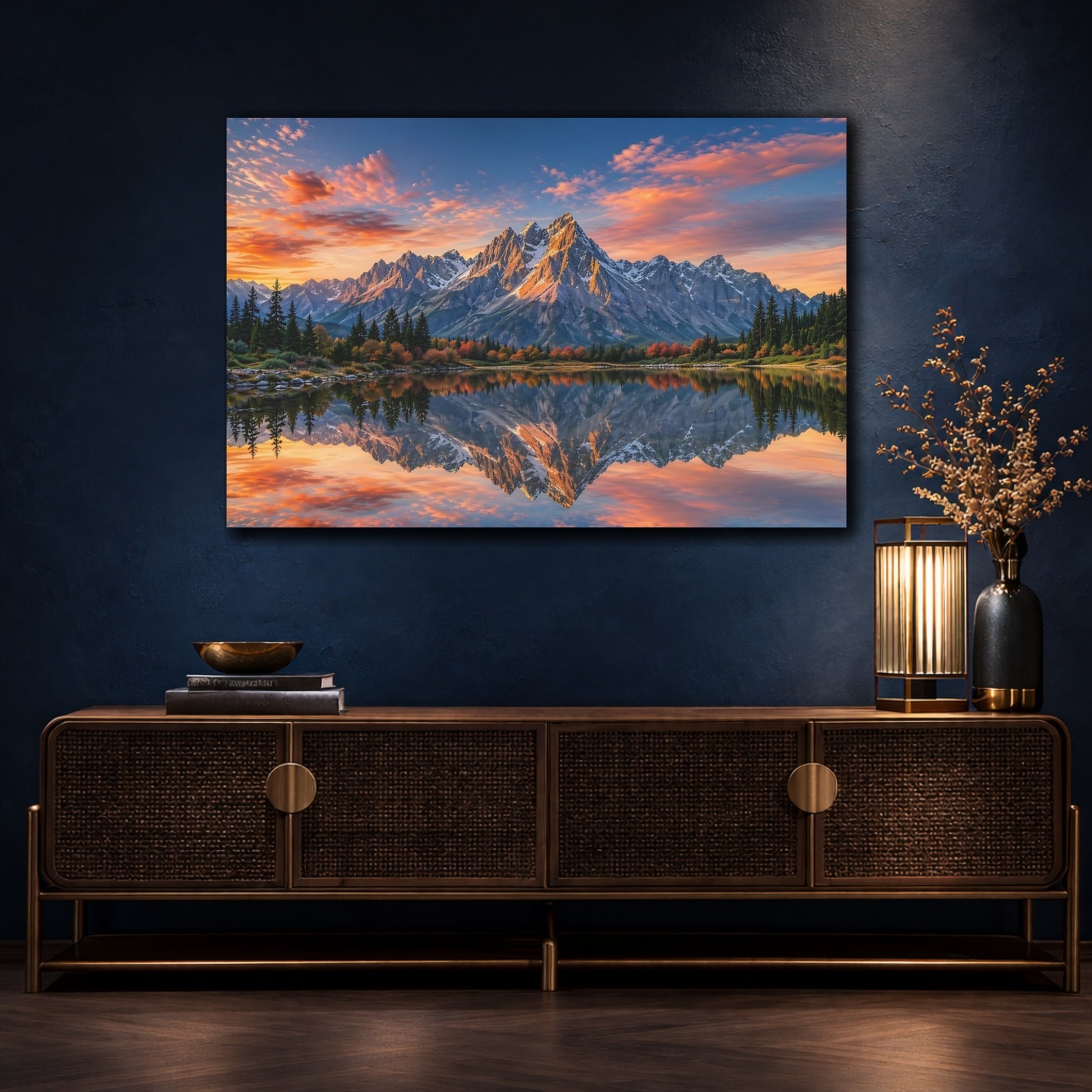 Mockup 4. Nature Mountains Mountain Lake Sunset shown as stretched canvas wall art
