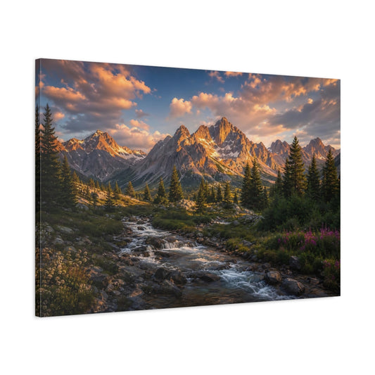 Main Mockup. Nature Mountains Mountain River Sunset shown as stretched canvas wall art