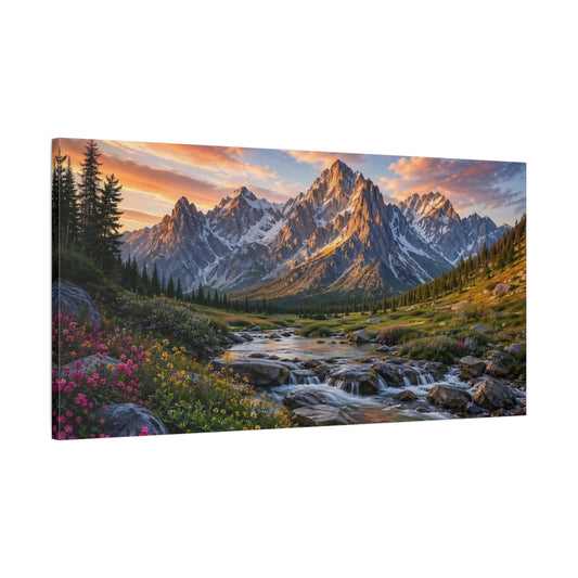 Main Mockup. Nature Mountains Mountain River Sunset shown as stretched canvas wall art