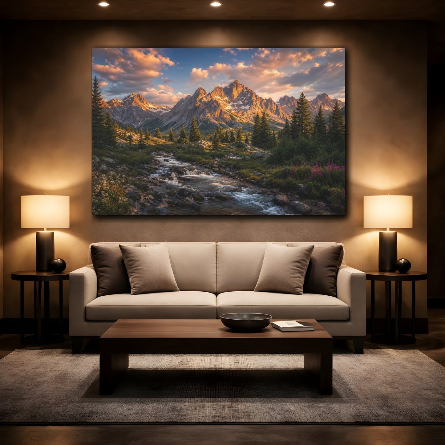 Mockup 2. Nature Mountains Mountain River Sunset shown as stretched canvas wall art