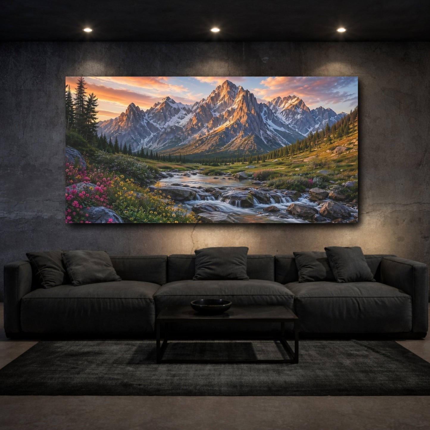 Mockup 2. Nature Mountains Mountain River Sunset shown as stretched canvas wall art