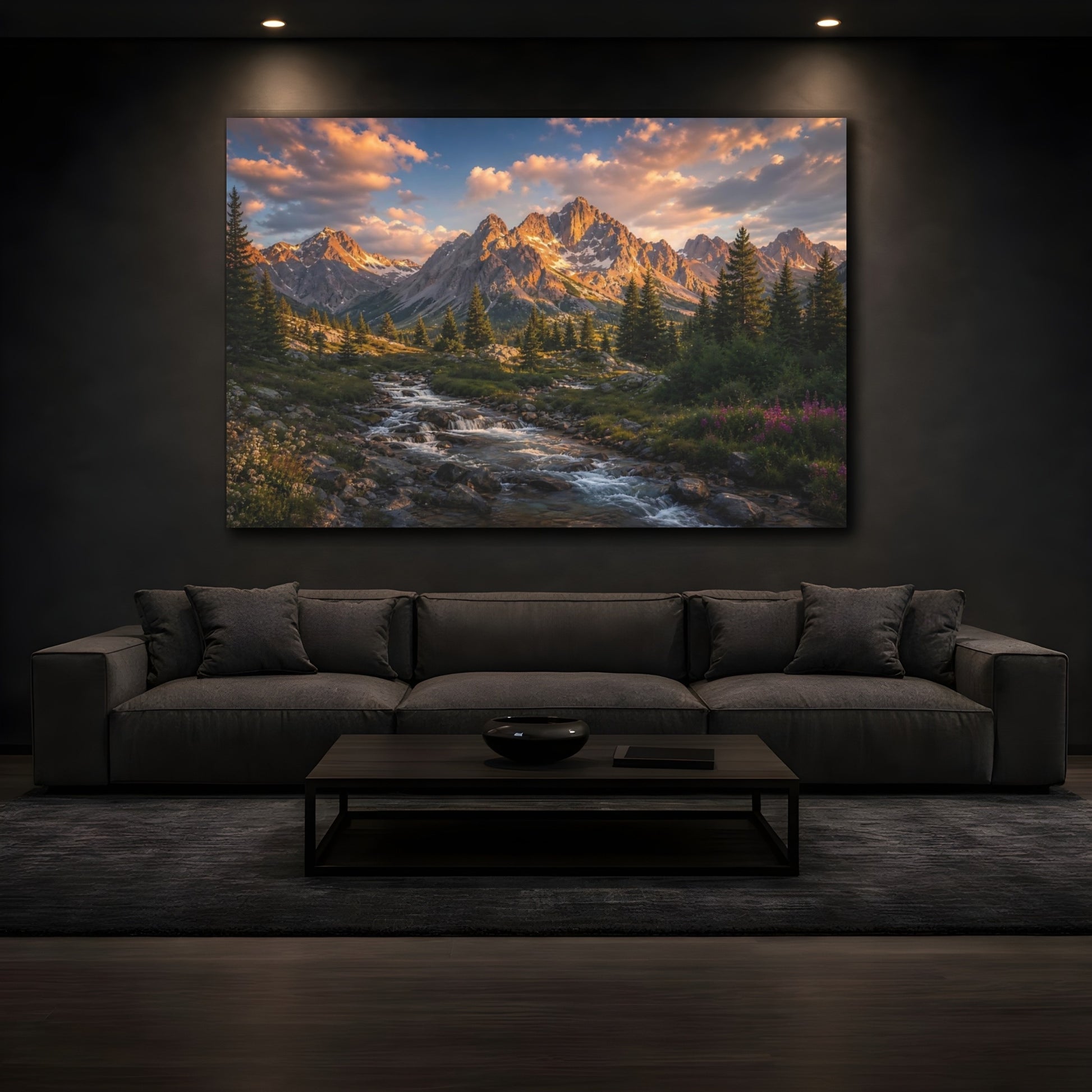 Mockup 3. Nature Mountains Mountain River Sunset shown as stretched canvas wall art