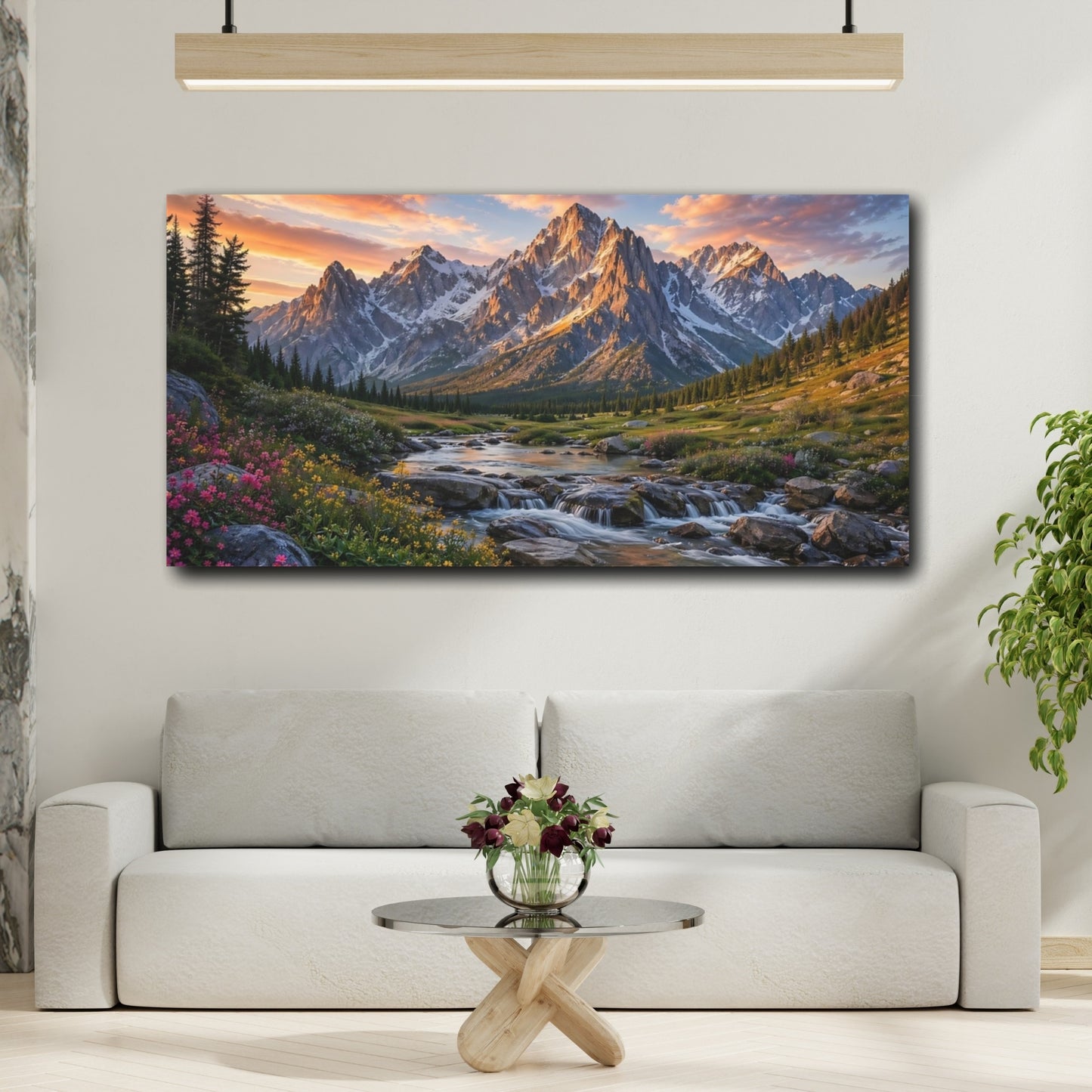 Mockup 3. Nature Mountains Mountain River Sunset shown as stretched canvas wall art