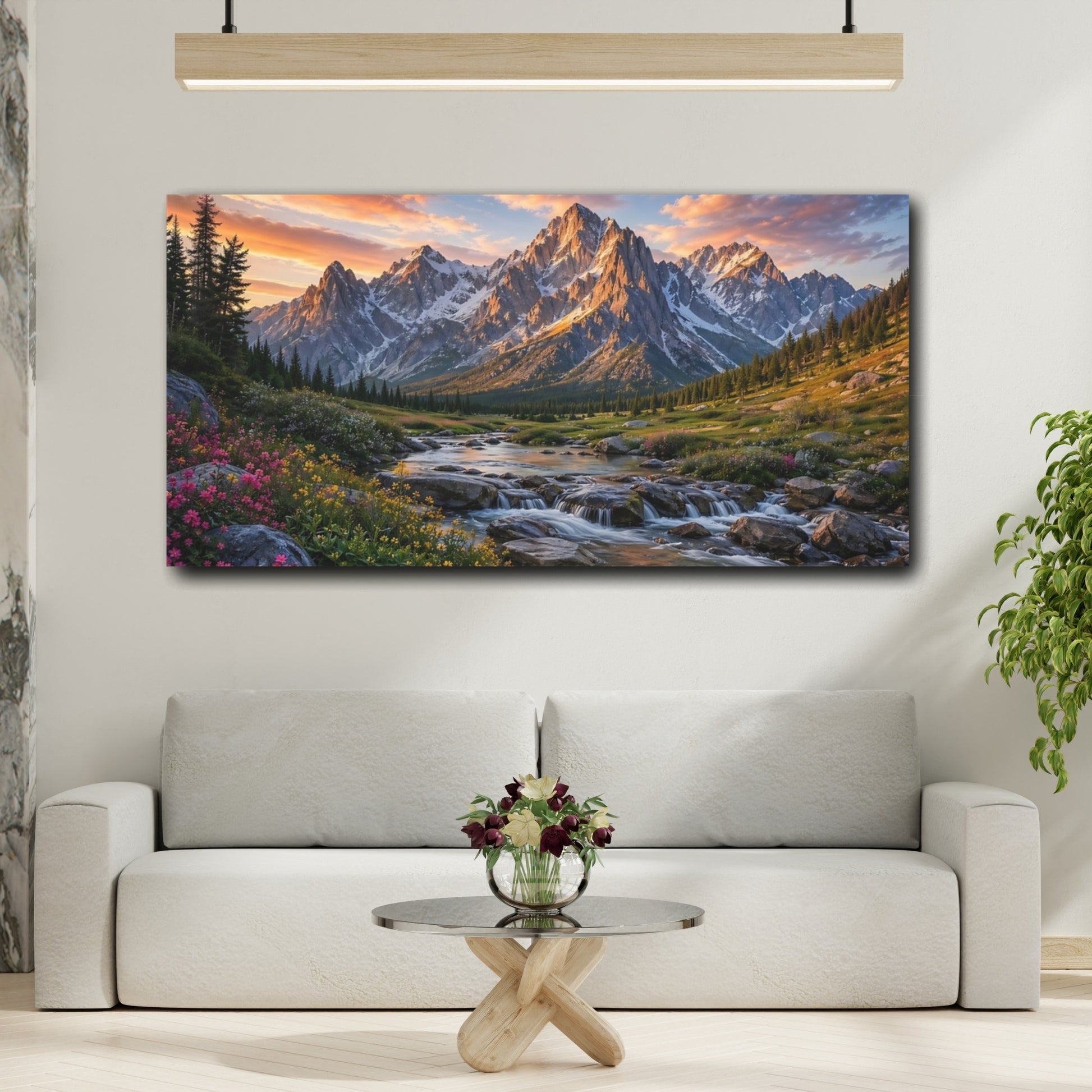 Mockup 3. Nature Mountains Mountain River Sunset shown as stretched canvas wall art