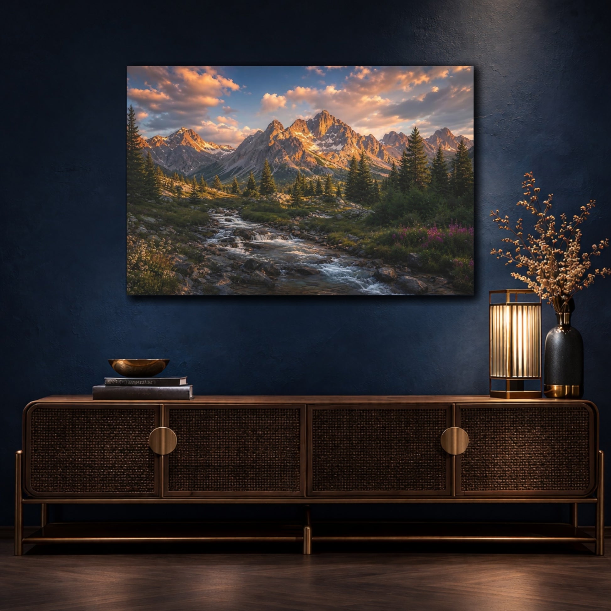 Mockup 4. Nature Mountains Mountain River Sunset shown as stretched canvas wall art