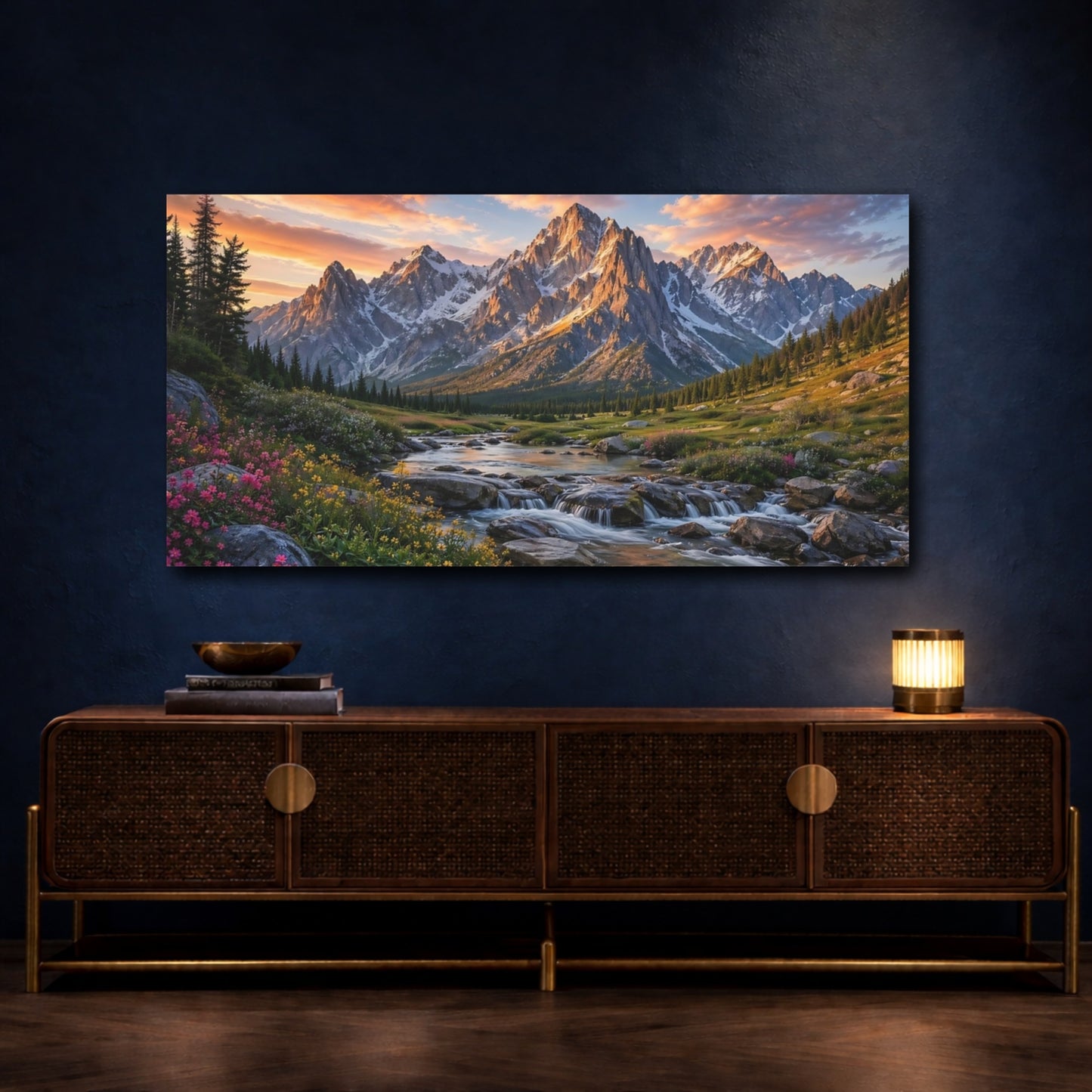 Mockup 4. Nature Mountains Mountain River Sunset shown as stretched canvas wall art
