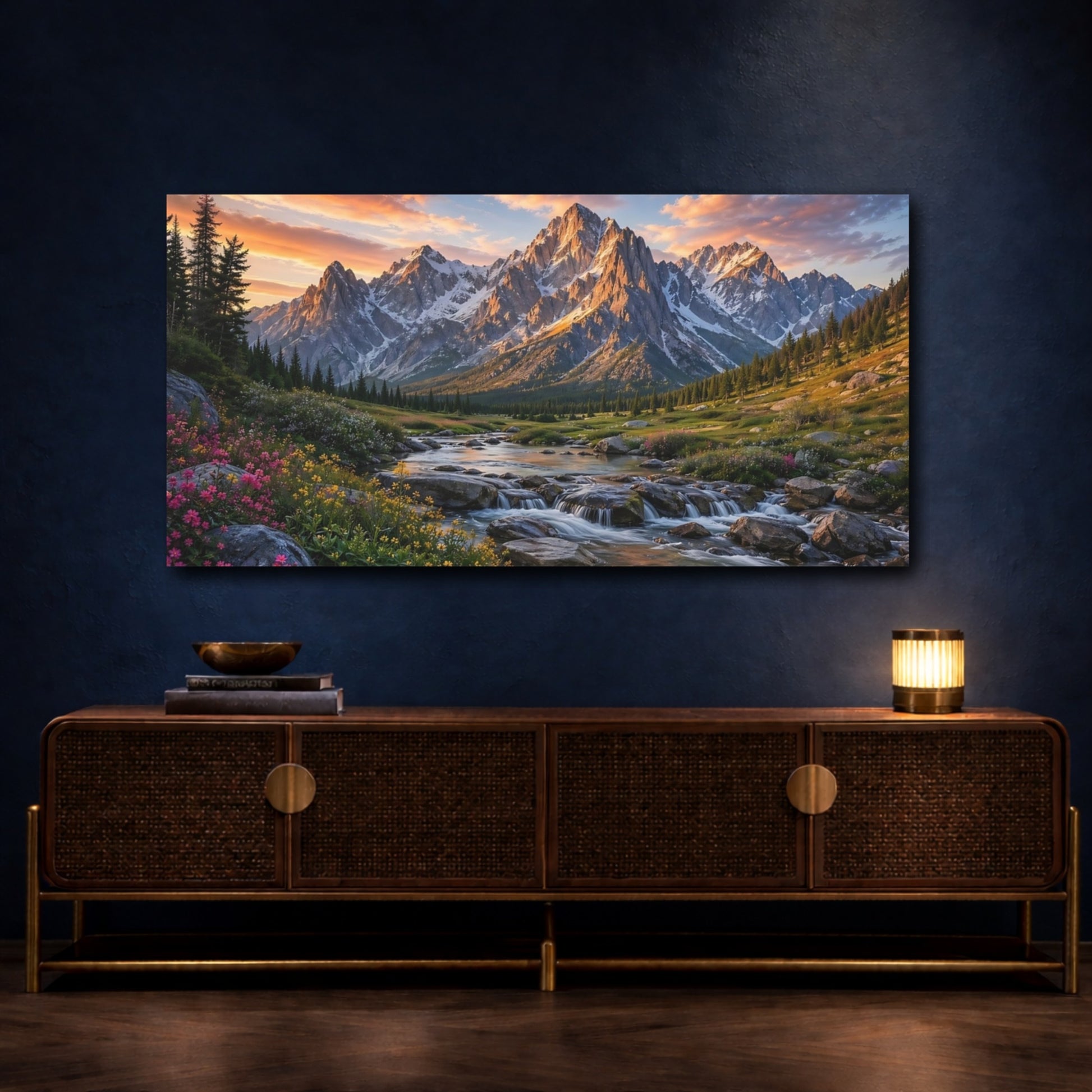 Mockup 4. Nature Mountains Mountain River Sunset shown as stretched canvas wall art