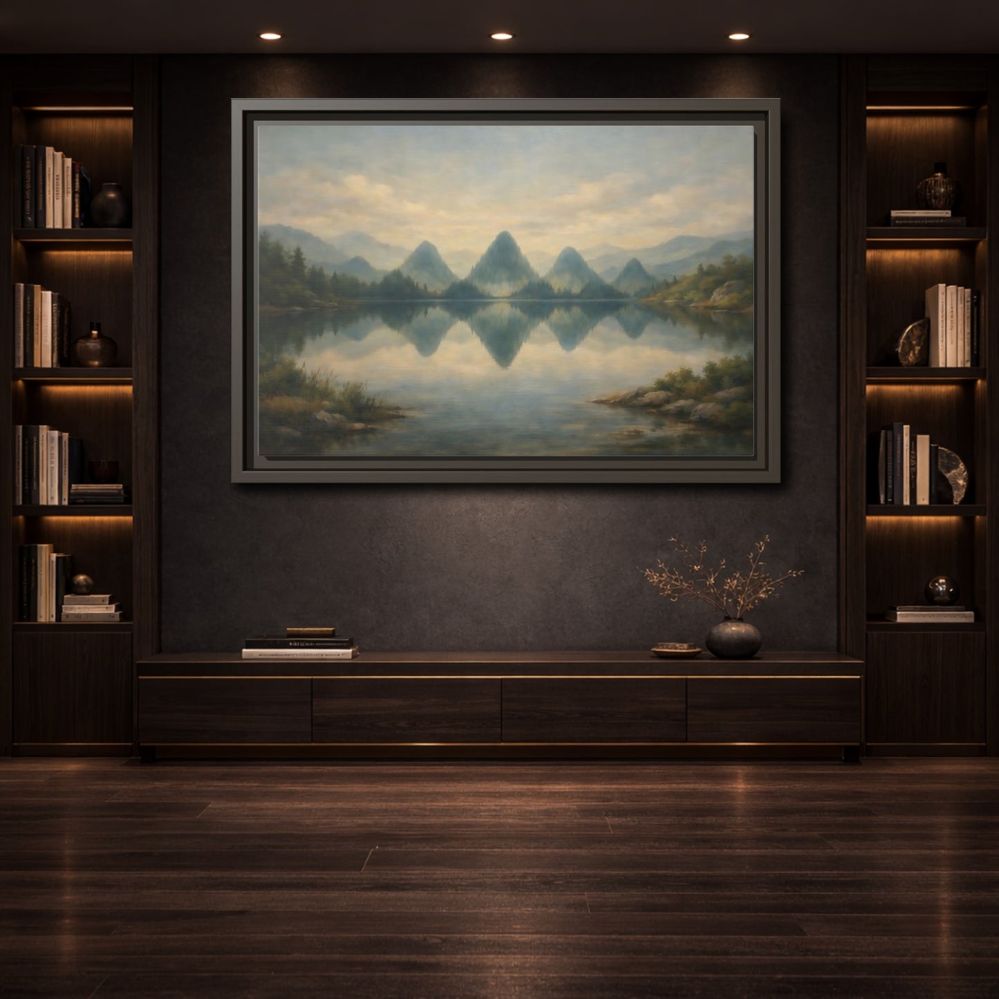 Mockup 3. Nature Mountains Muted Landscape shown as stretched canvas wall art