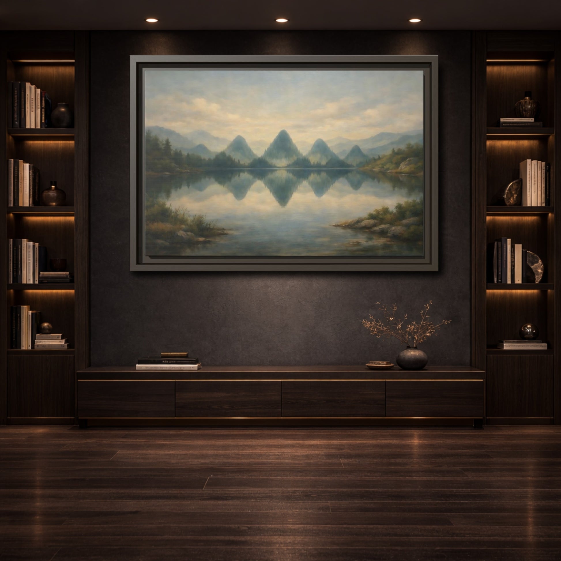 Mockup 3. Nature Mountains Muted Landscape shown as stretched canvas wall art