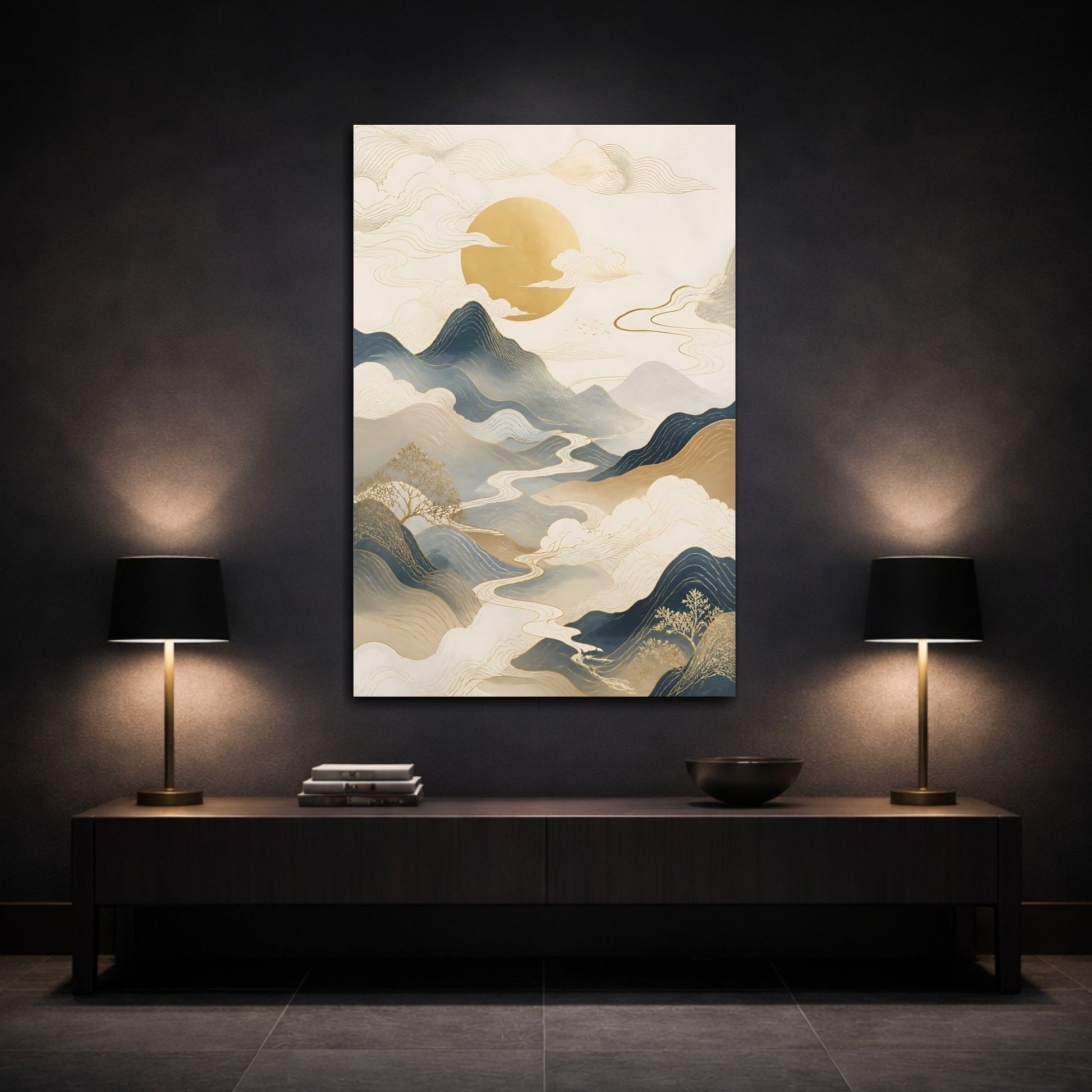 Nature Mountains River Blue Gold Landscape Canvas Wall Art Print – Abstract Living Room, Above Couch - YesArtYes