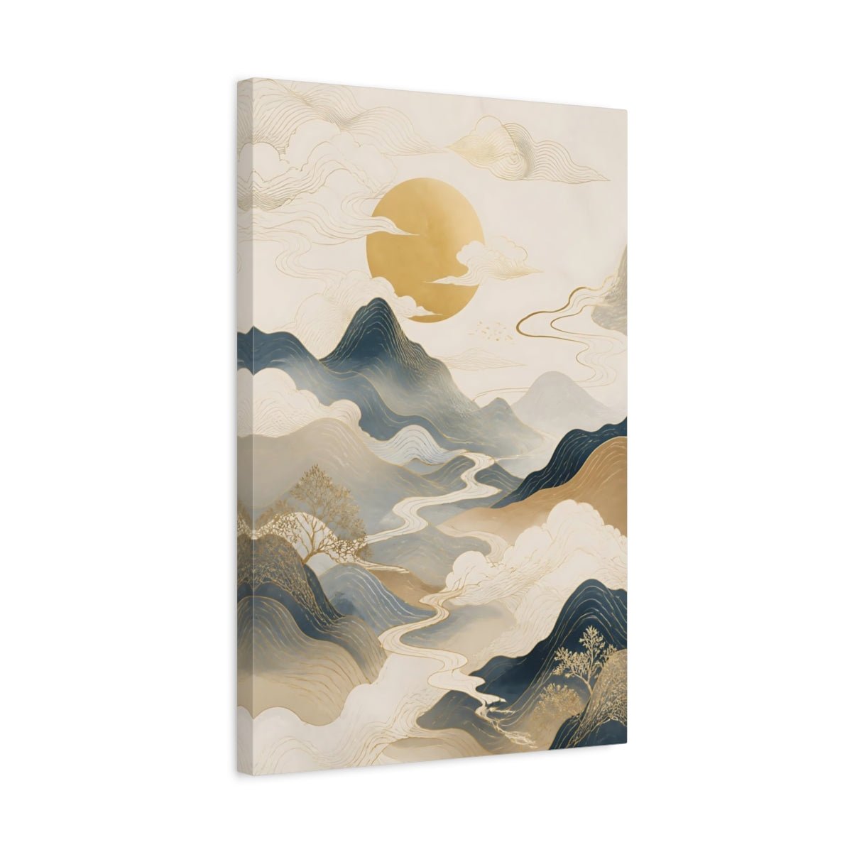 Nature Mountains River Blue Gold Landscape Canvas Wall Art Print – Abstract Living Room, Above Couch - YesArtYes